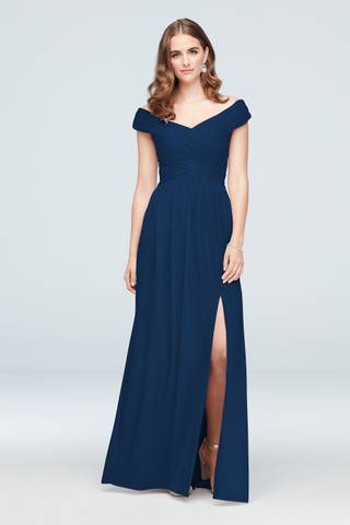 View Celebrate DB Studio Crisscross Off-the-Shoulder Mesh Dress in all available color and sizes Picture of Crisscross Off-the-Shoulder Mesh Dress
