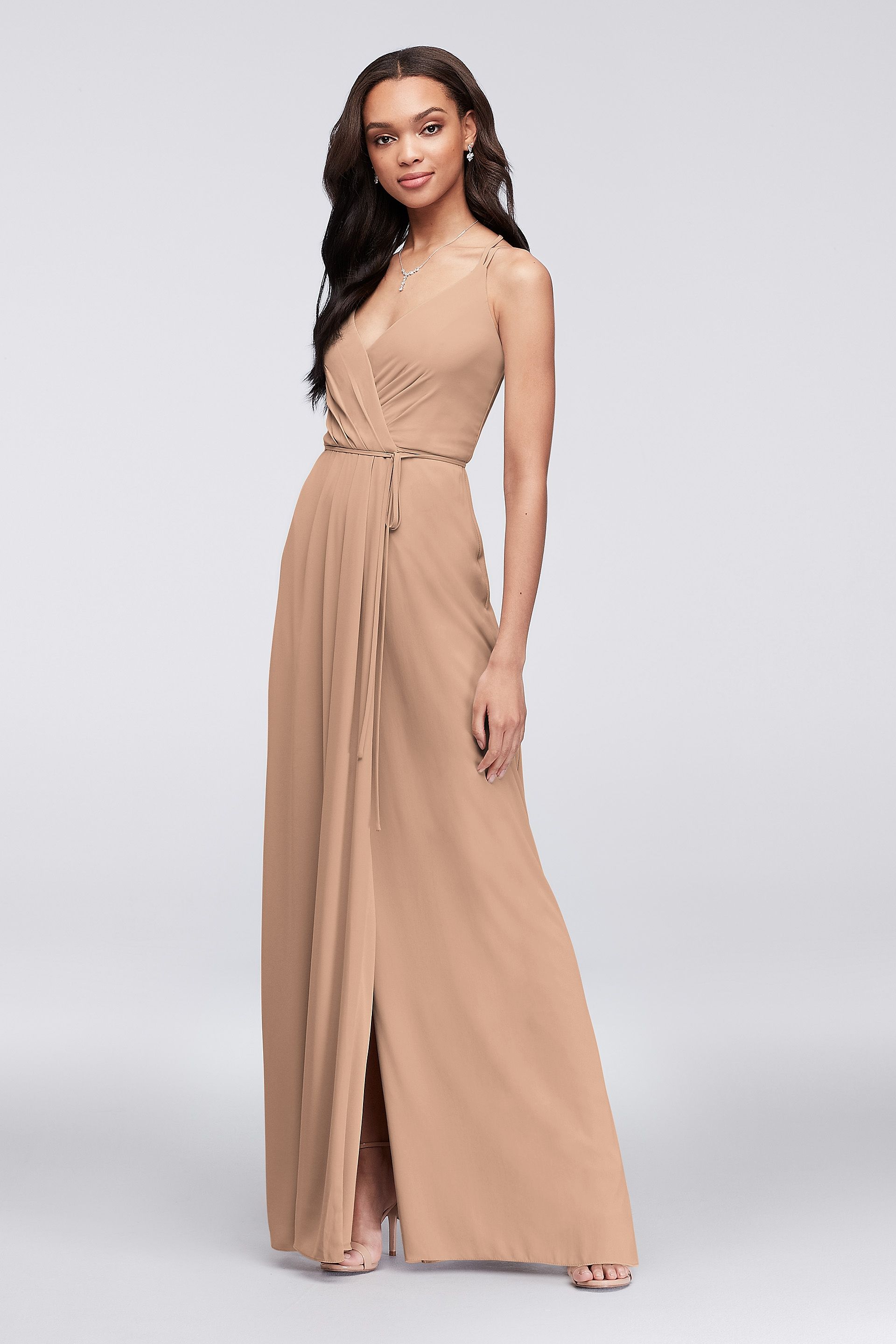 Double-Strap Long Draped Bodice Bridesmaid Dress | David's Bridal