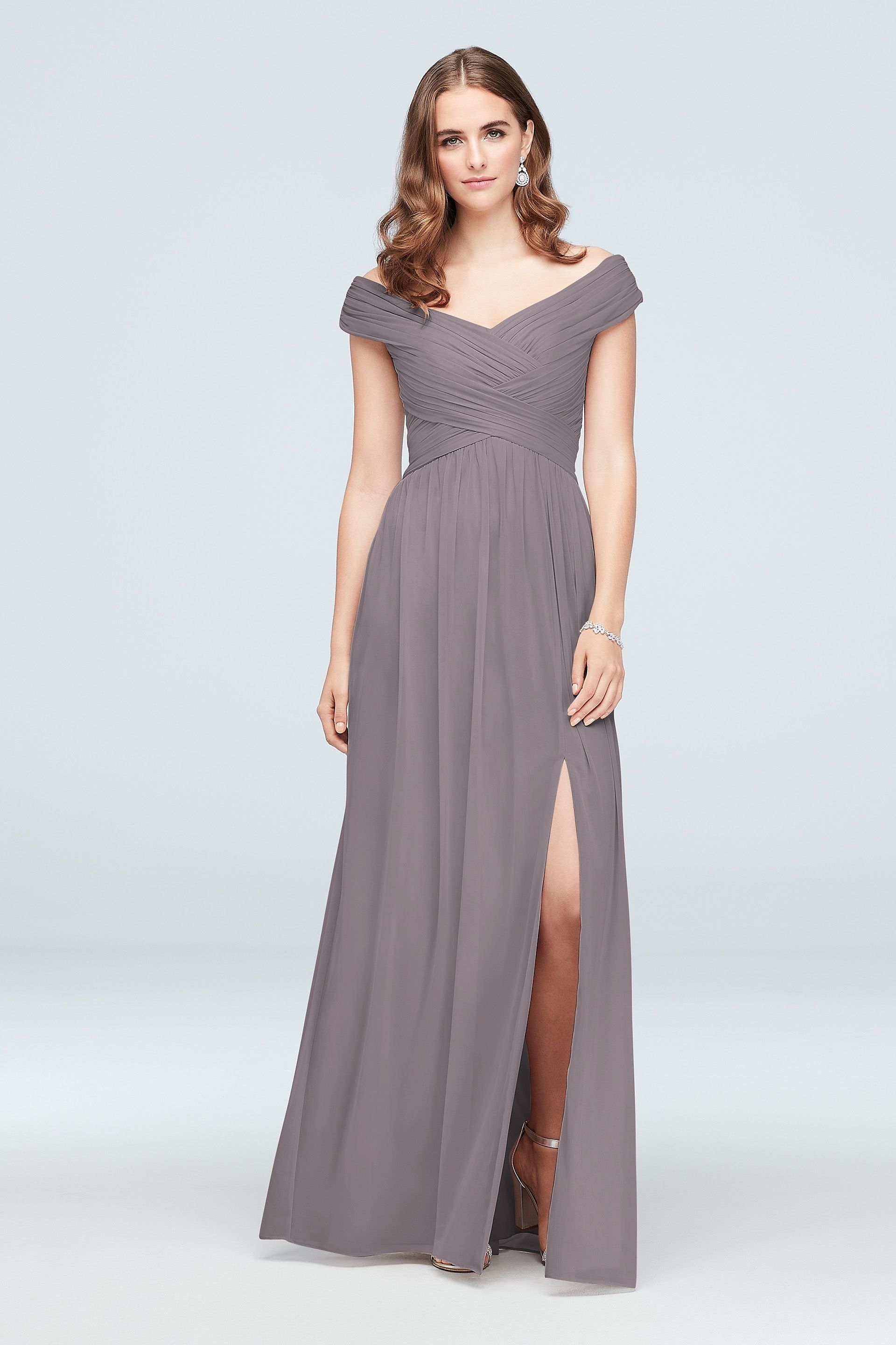 Crisscross Off-the-Shoulder Mesh Bridesmaid Dress