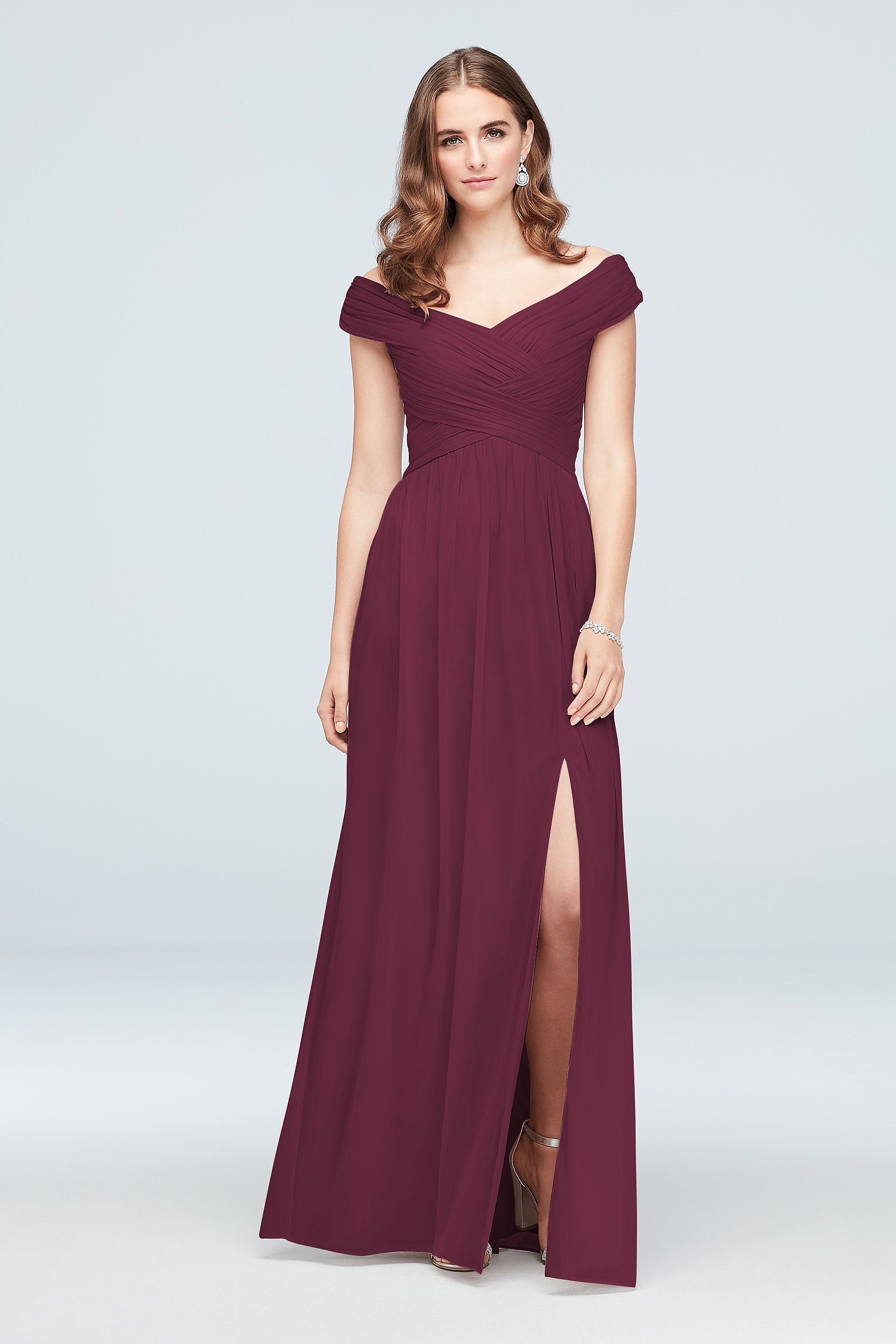 Celebrate DB Studio Off-The-Shoulder Mesh Tall Bridesmaid Dress in Wine Size: 30 David's Bridal