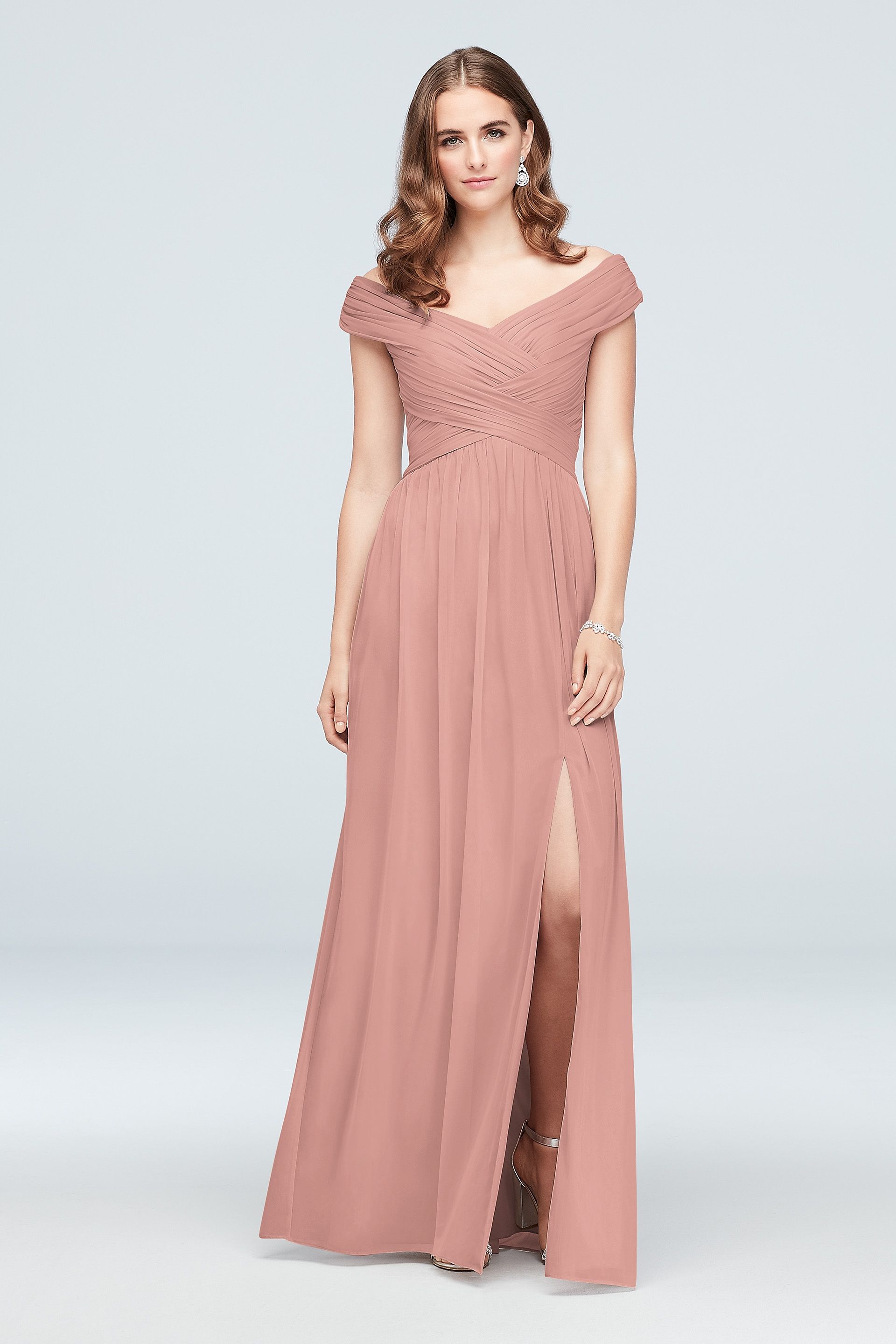 Celebrate DB Studio Crisscross Off-The-Shoulder Mesh Bridesmaid Dress in Ballet Size: 2 David's Bridal