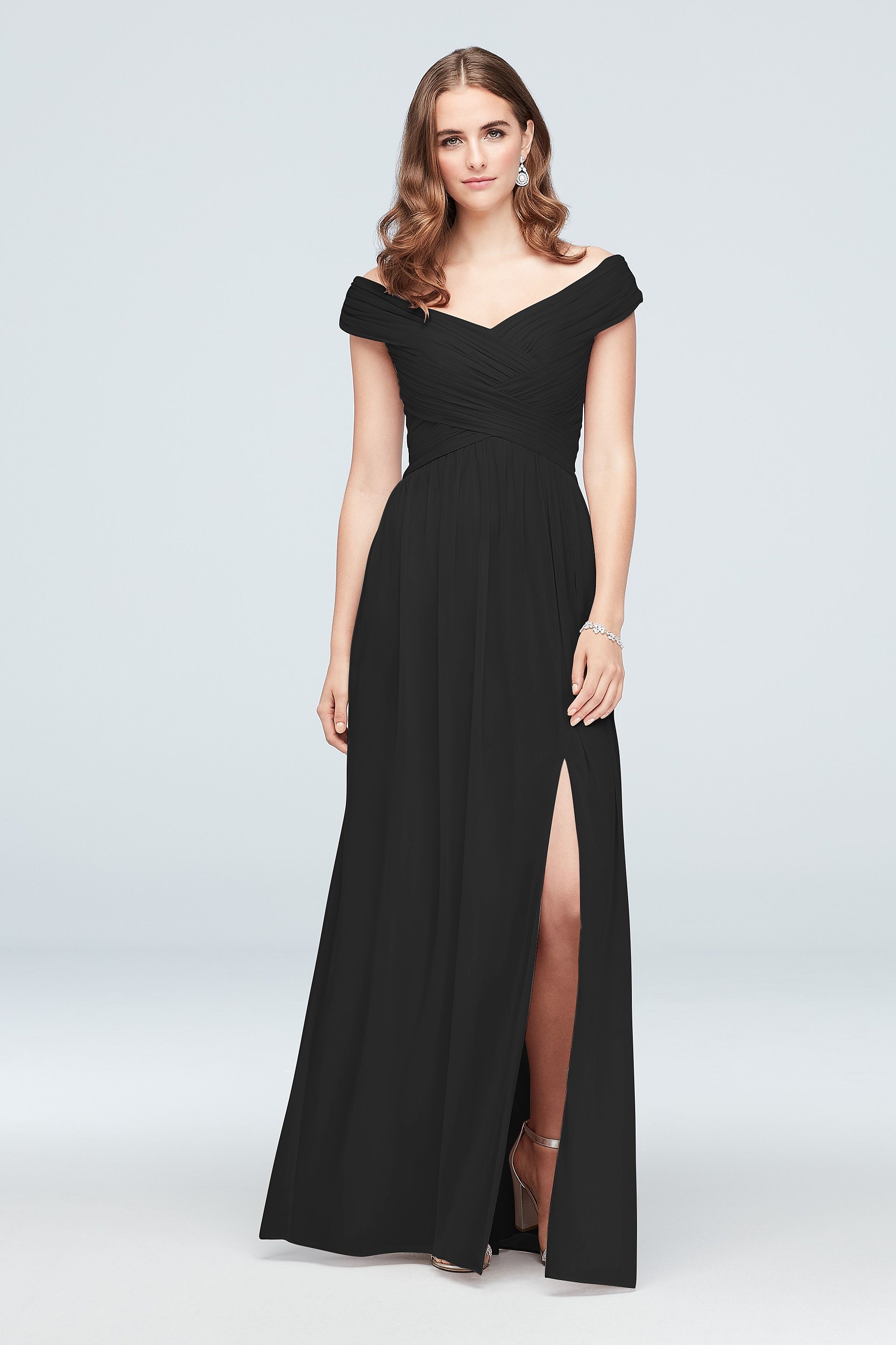 Celebrate DB Studio Crisscross Off-The-Shoulder Mesh Bridesmaid Dress in Black Size: 6 David's Bridal