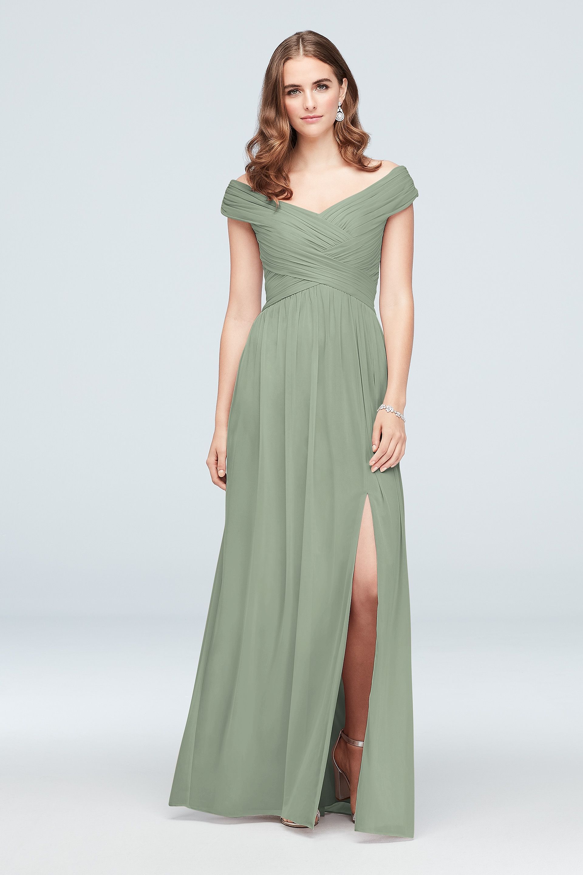 Celebrate DB Studio Crisscross Off-The-Shoulder Mesh Bridesmaid Dress in Dusty Sage Size: 14 David's Bridal