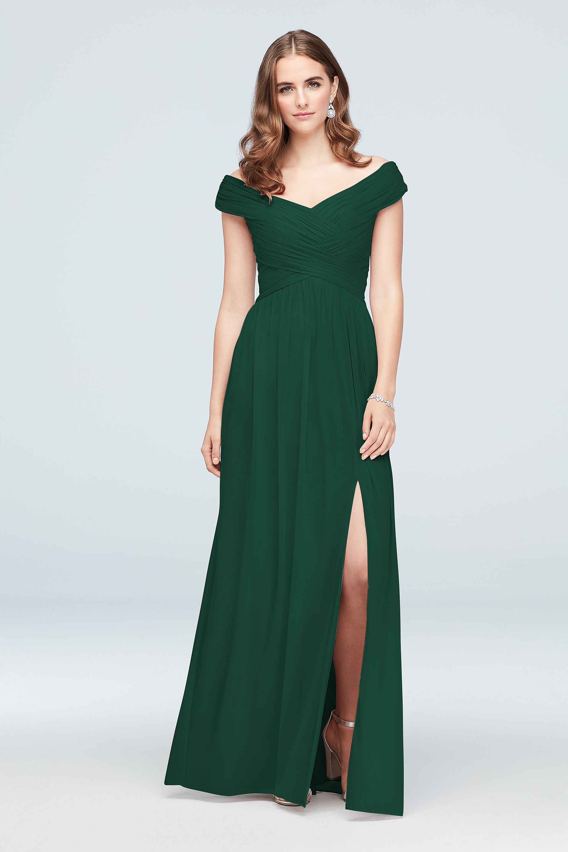 crisscross off-the-shoulder mesh bridesmaid dress Crisscross Off-the-Shoulder Mesh Bridesmaid Dress