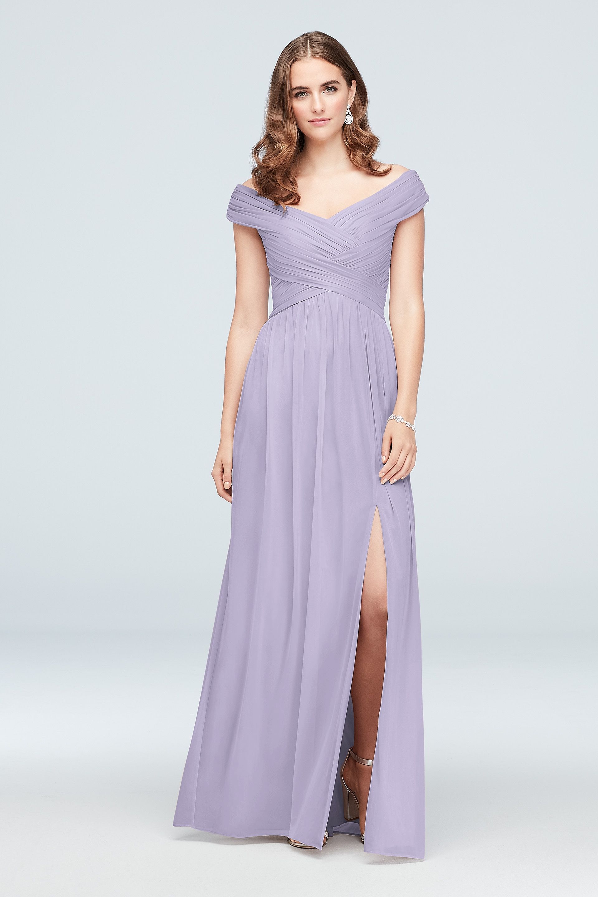 Celebrate DB Studio Crisscross Off-The-Shoulder Mesh Bridesmaid Dress in Iris Size: 8 David's Bridal