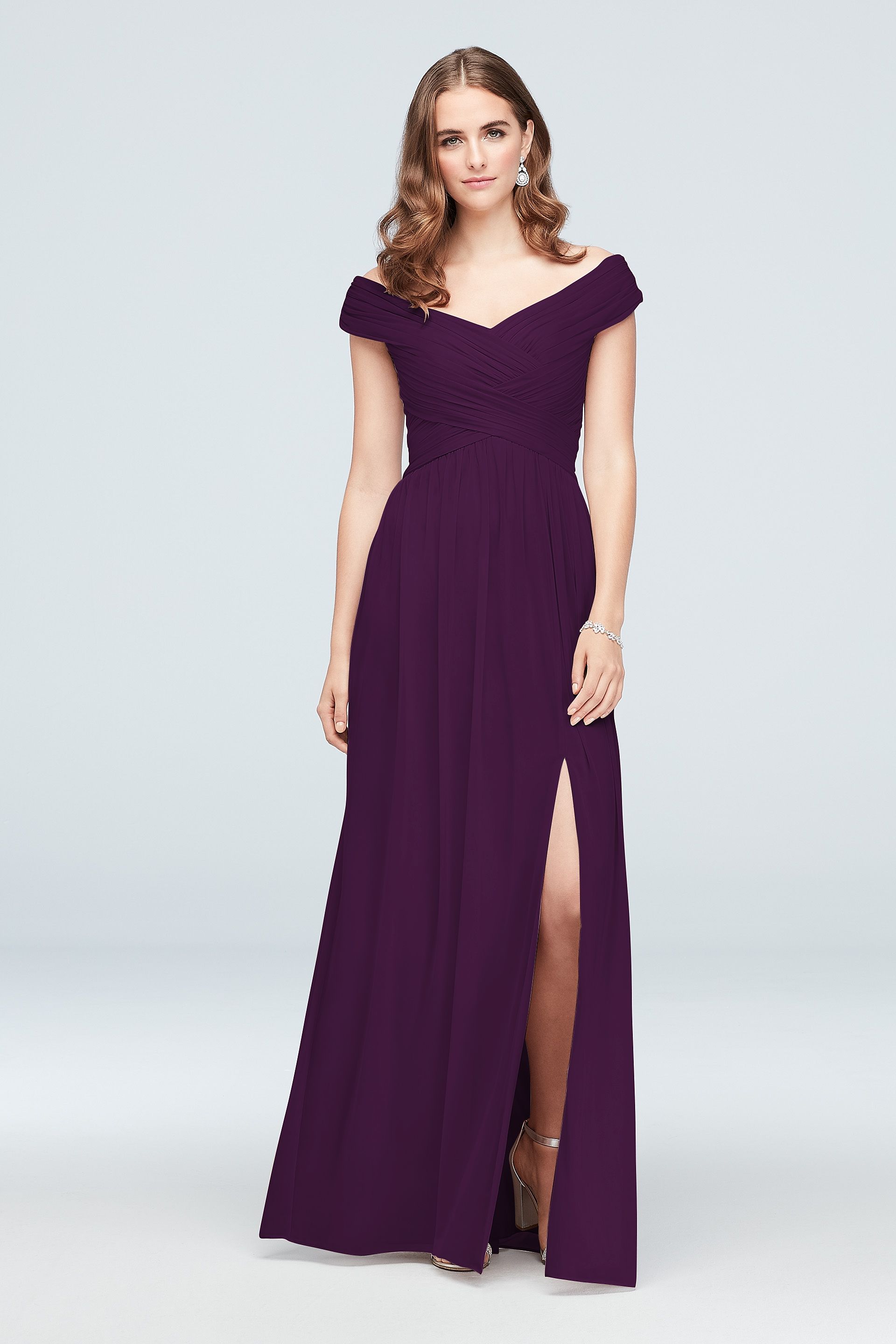 Celebrate DB Studio Crisscross Off-The-Shoulder Mesh Bridesmaid Dress in Plum Size: 4 David's Bridal