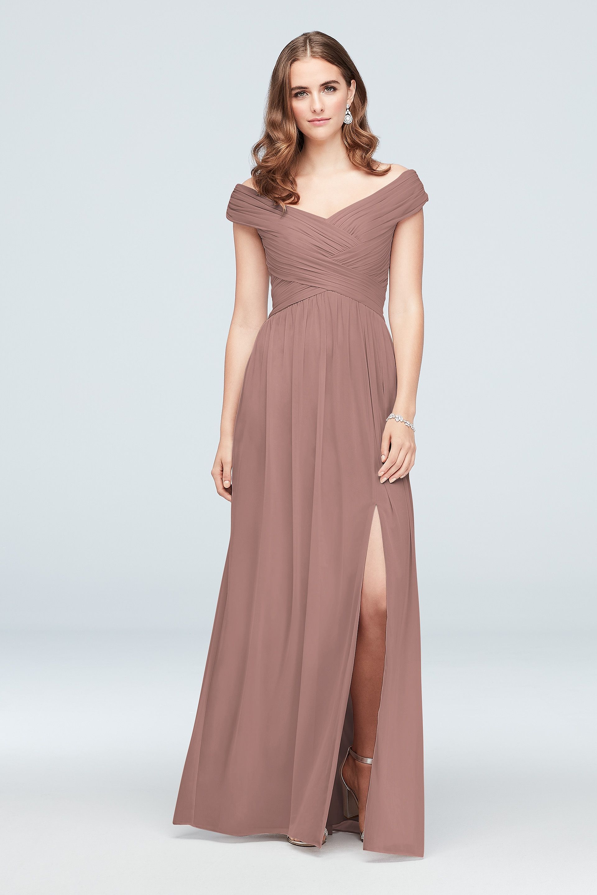 Celebrate DB Studio Crisscross Off-The-Shoulder Mesh Bridesmaid Dress in Quartz Size: 4 David's Bridal