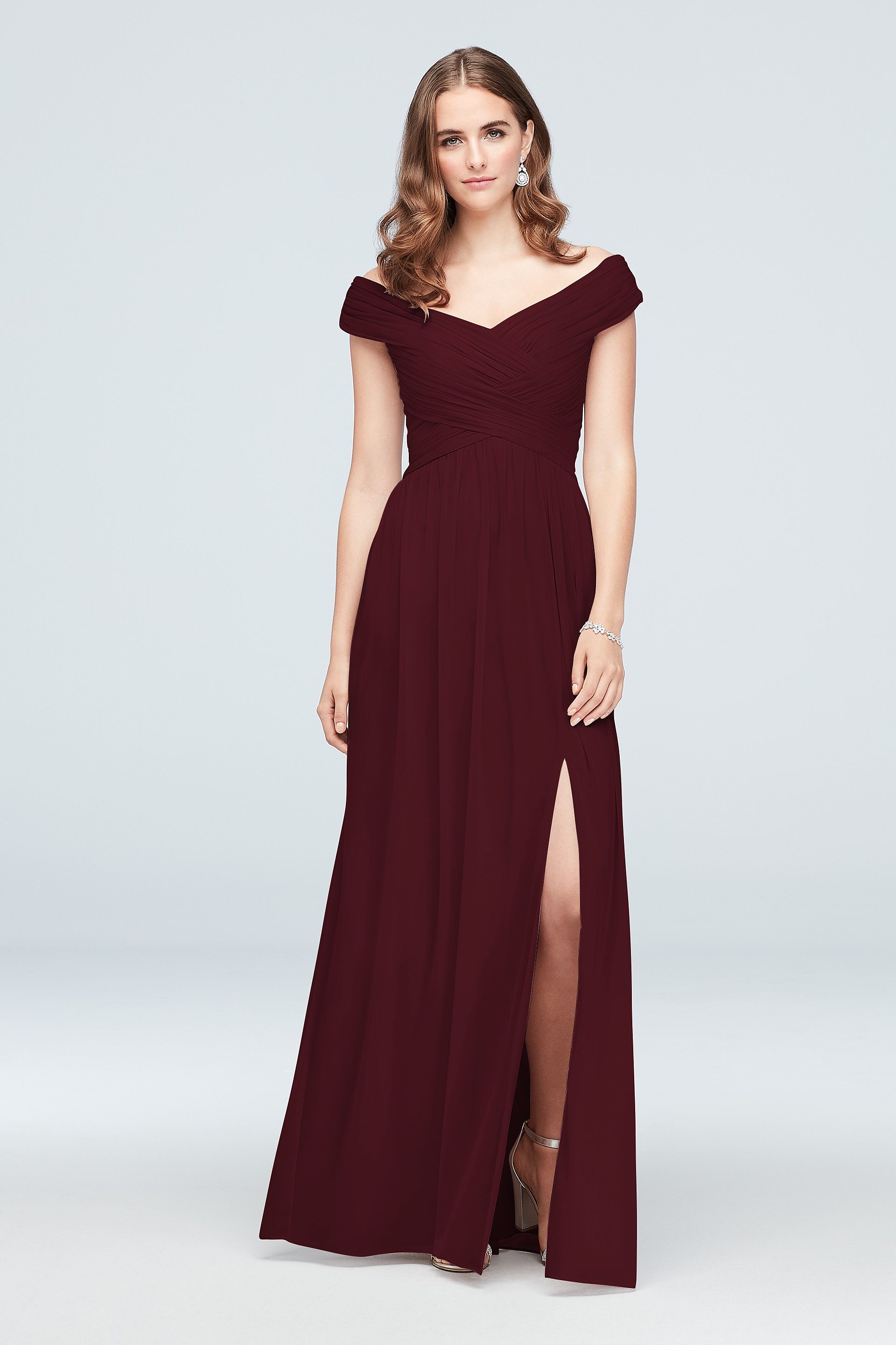Celebrate DB Studio Crisscross Off-The-Shoulder Mesh Bridesmaid Dress in Wine Size: 2 David's Bridal