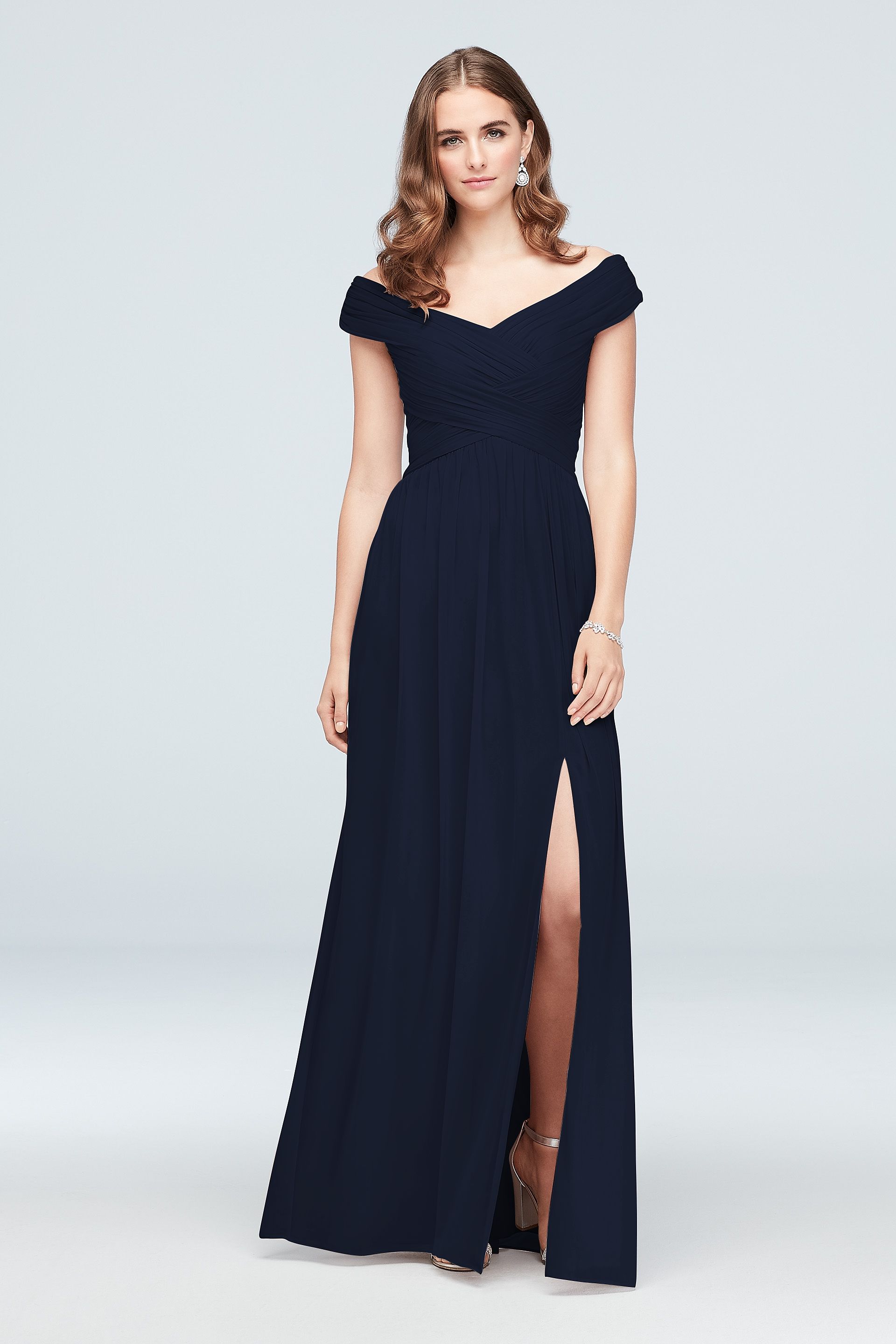Celebrate DB Studio Crisscross Off-The-Shoulder Mesh Bridesmaid Dress in Marine Size: 16 David's Bridal