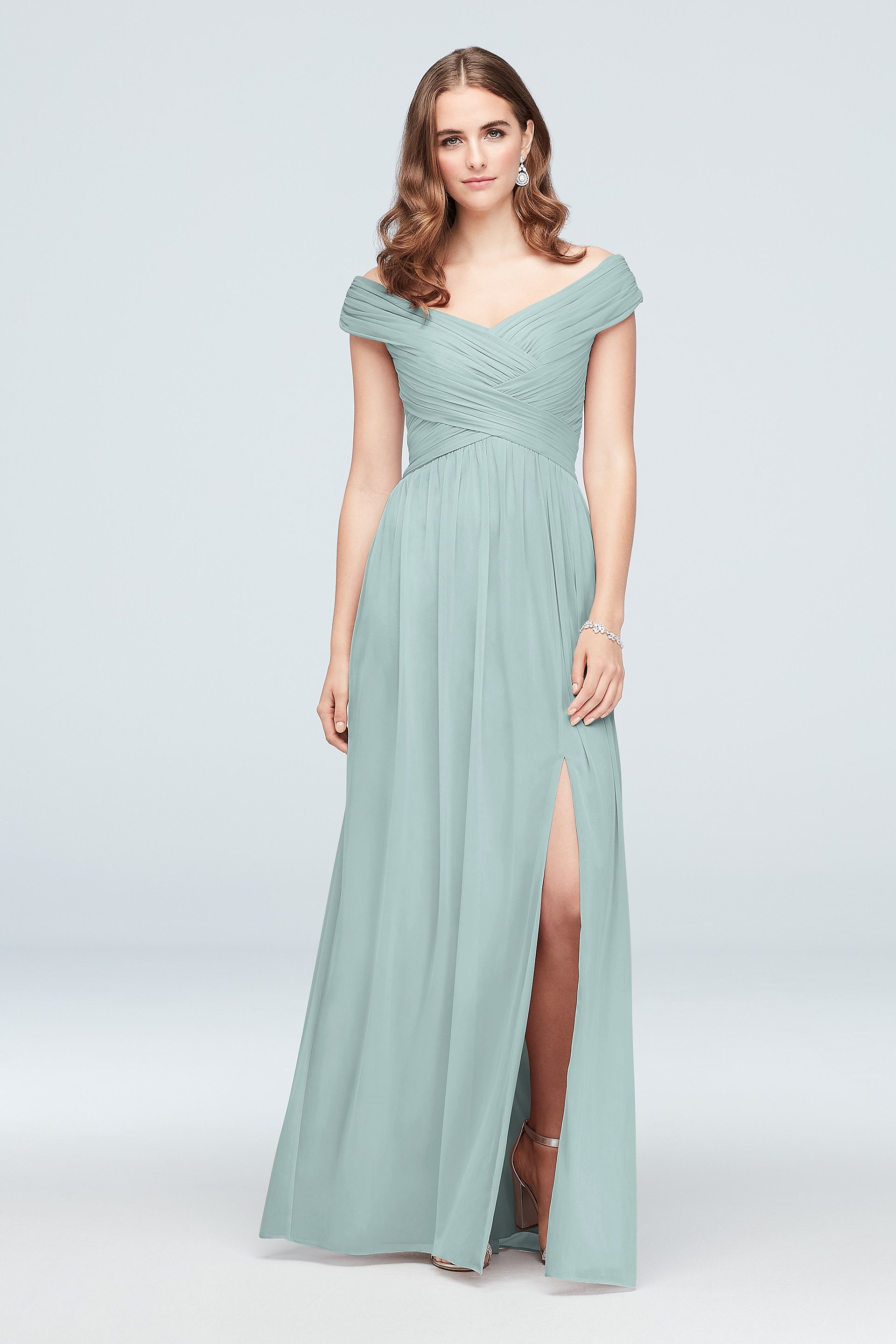 Celebrate DB Studio Crisscross Off-The-Shoulder Mesh Bridesmaid Dress in Sky Blue Size: 24 David's Bridal