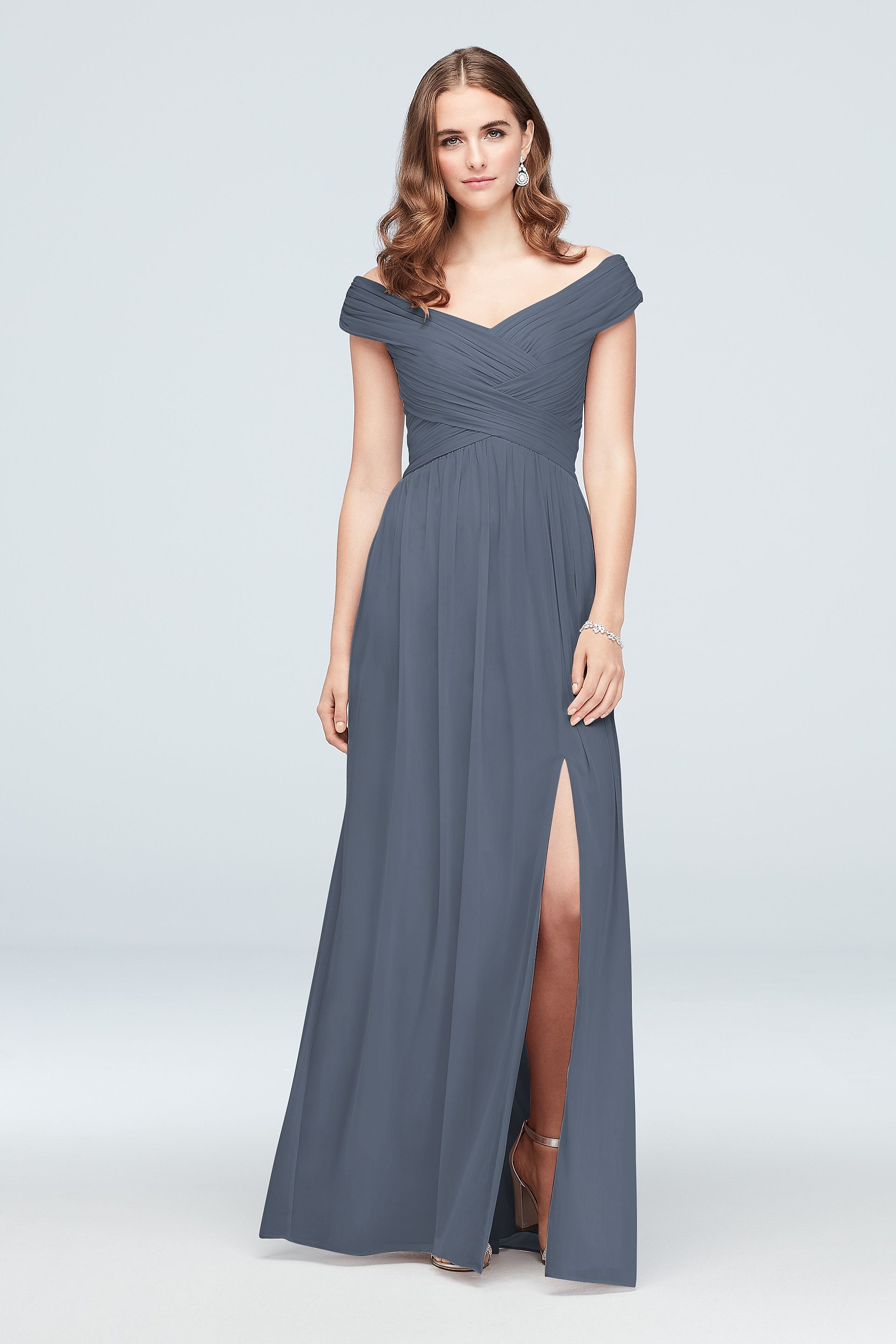 Celebrate DB Studio Crisscross Off-The-Shoulder Mesh Bridesmaid Dress in Steel Blue Size: 30 David's Bridal