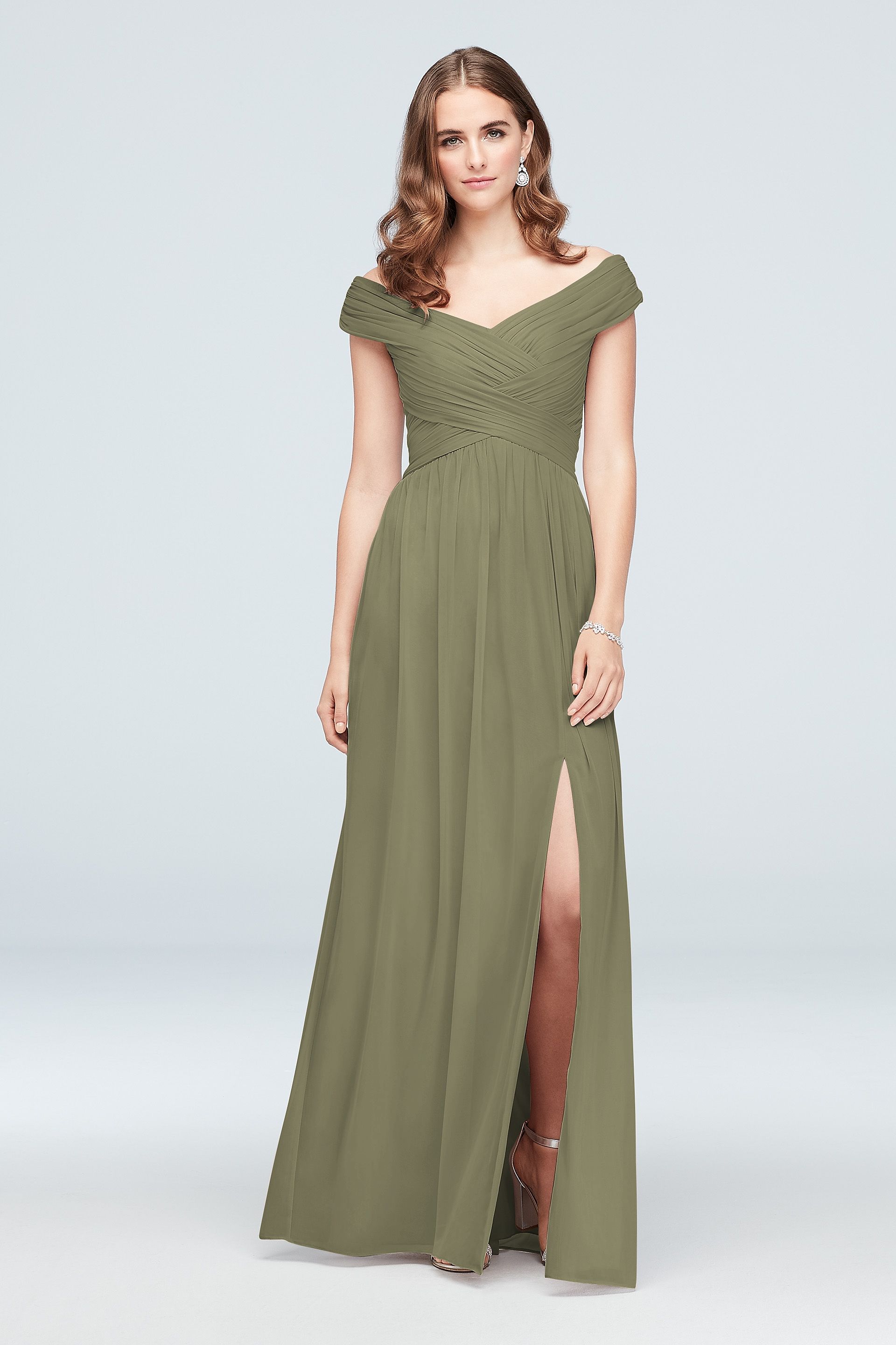 Celebrate DB Studio Crisscross Off-The-Shoulder Mesh Bridesmaid Dress in Eucalyptus Size: 18 David's Bridal