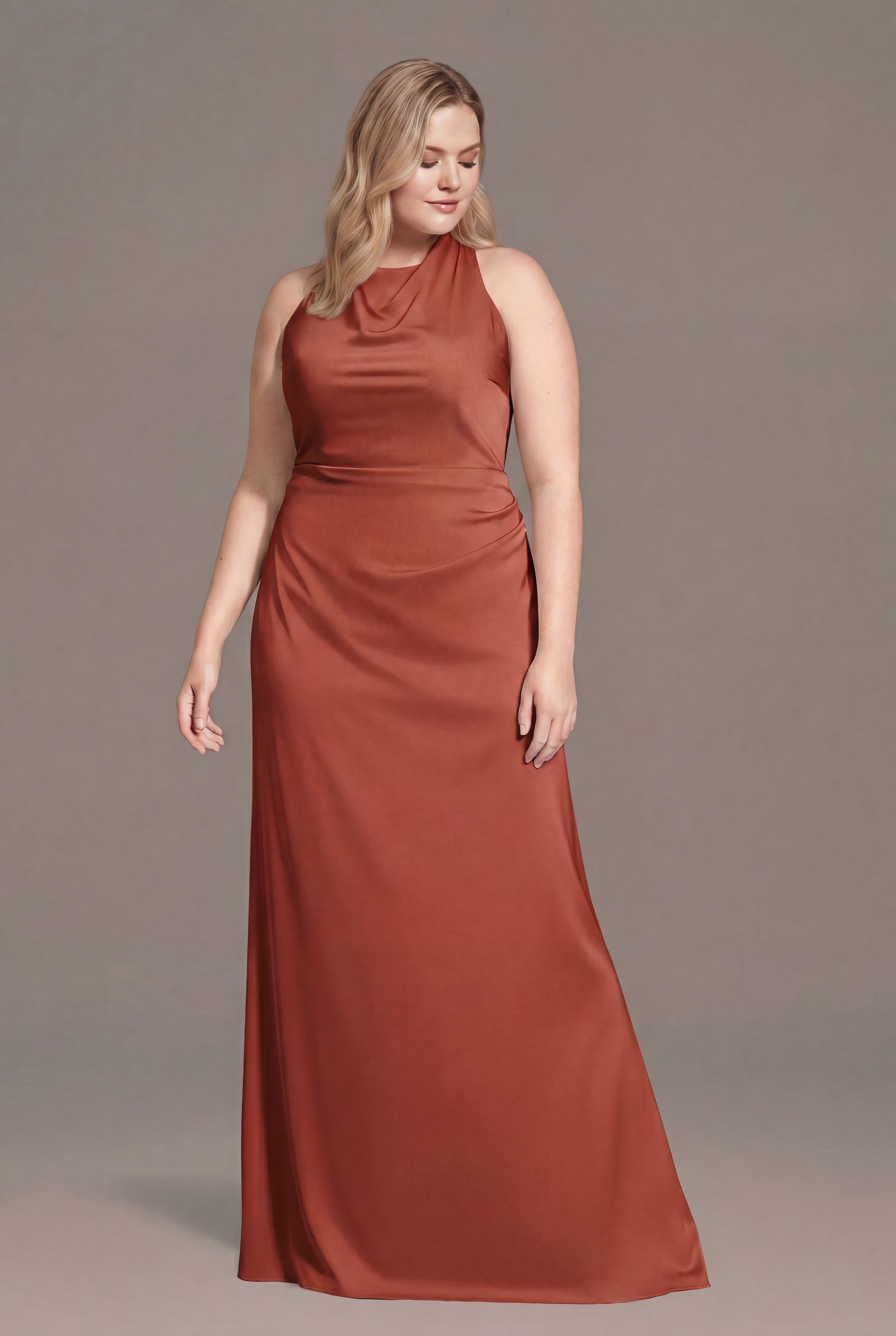 Picture of Matte Satin High Neck Low Back Sheath Dress