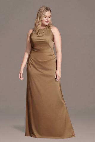 View DB Studio Matte Satin High Neck Low Back Sheath Dress in all available color and sizes Picture of Matte Satin High Neck Low Back Sheath Dress