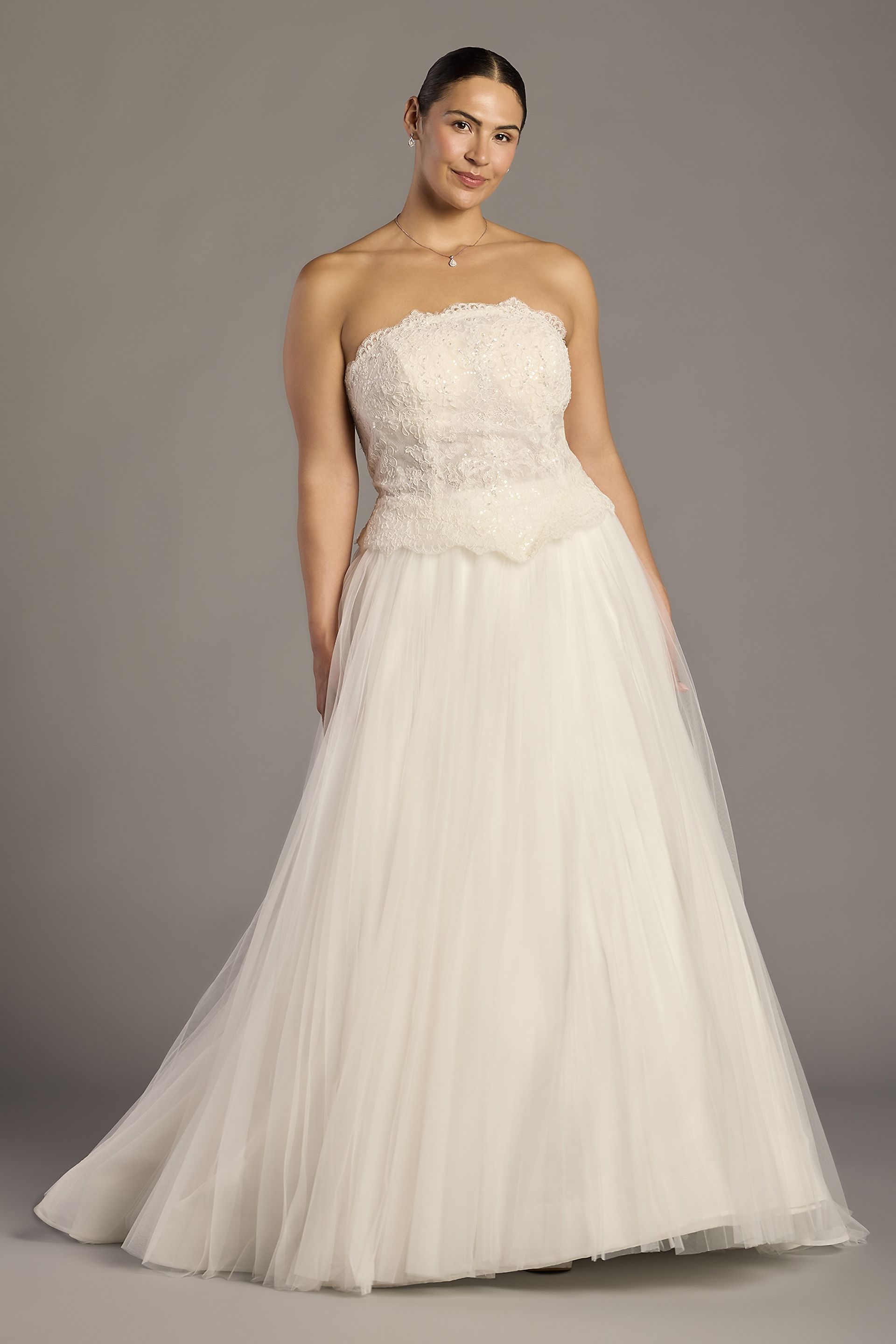 Oleg Cassini Lace Peplum Strapless Ball Gown Wedding Dress in Soft White Size: 16W David's Bridal