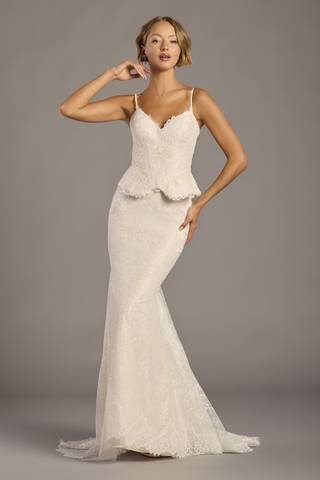 View Oleg Cassini Glitter Lace Spaghetti Strap Mermaid Wedding Dress in all available color and sizes Picture of Glitter Lace Spaghetti Strap Mermaid Wedding Dress