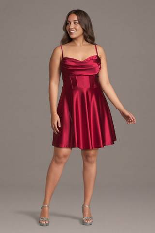 View Jules and Cleo Cowl Neckline Short Satin A-Line Dress in all available color and sizes Picture of Cowl Neckline Short Satin A-Line Dress