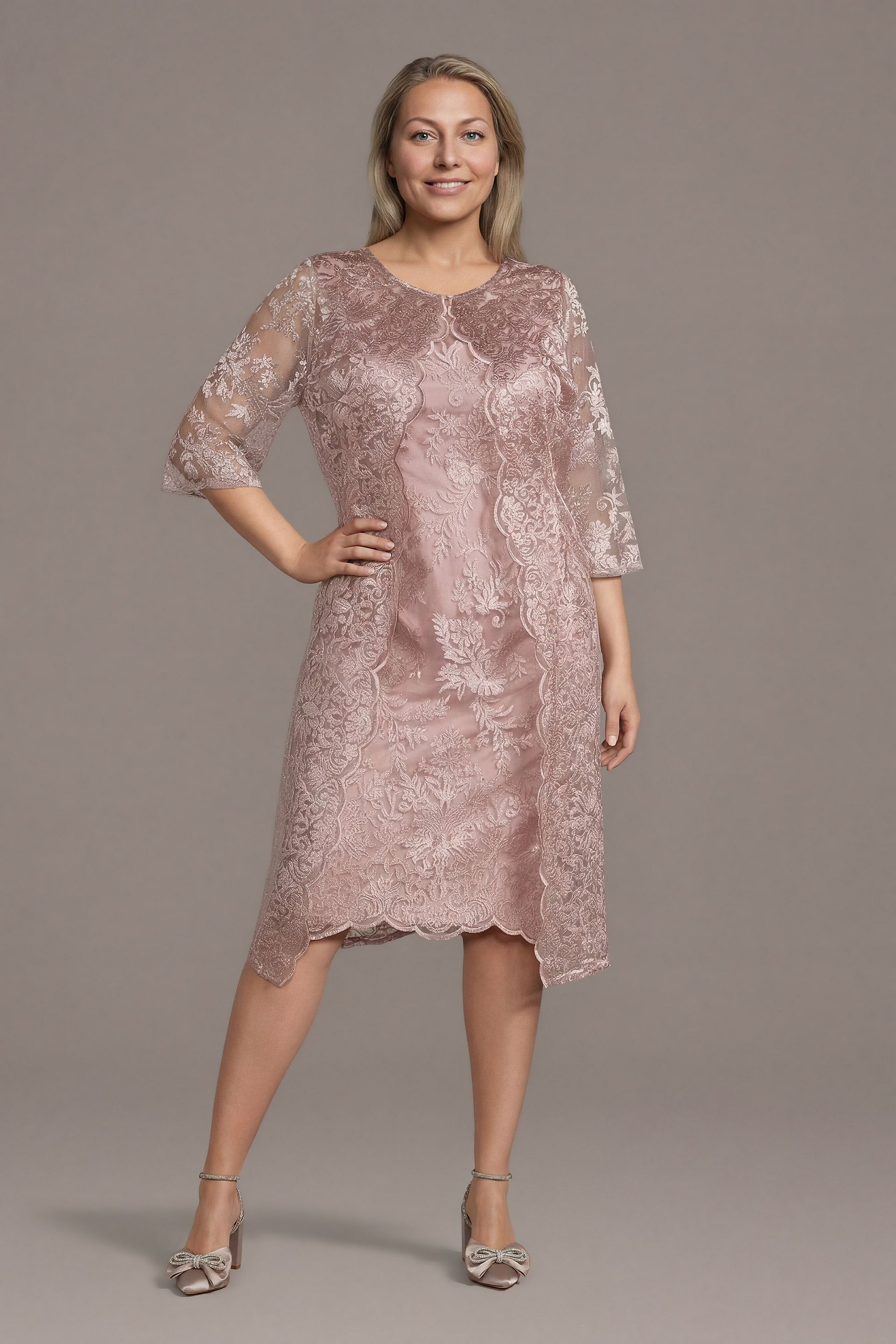 Oleg Cassini Lace Tank Dress With Three-Quarter Sleeve Jacket in Blush Size: 22W David's Bridal
