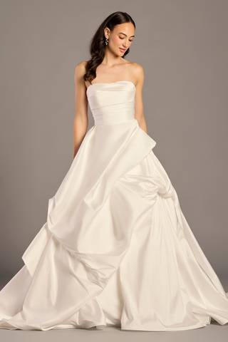 View Oleg Cassini Satin Strapless Ball Gown with Draped Pickup Skirt in all available color and sizes Picture of Satin Strapless Ball Gown with Draped Pickup Skirt