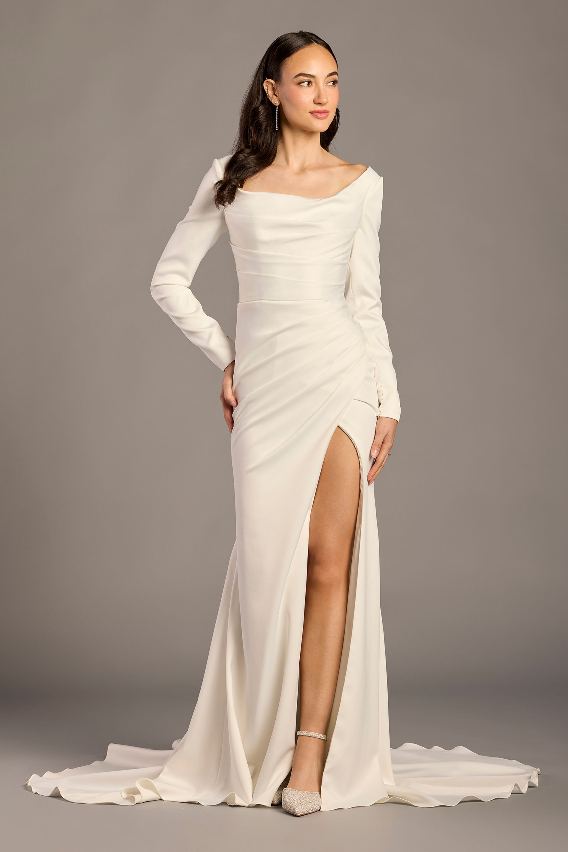 Galina Signature Satin Side-Draped Sheath Wedding Dress in Soft White Size: 8 David's Bridal