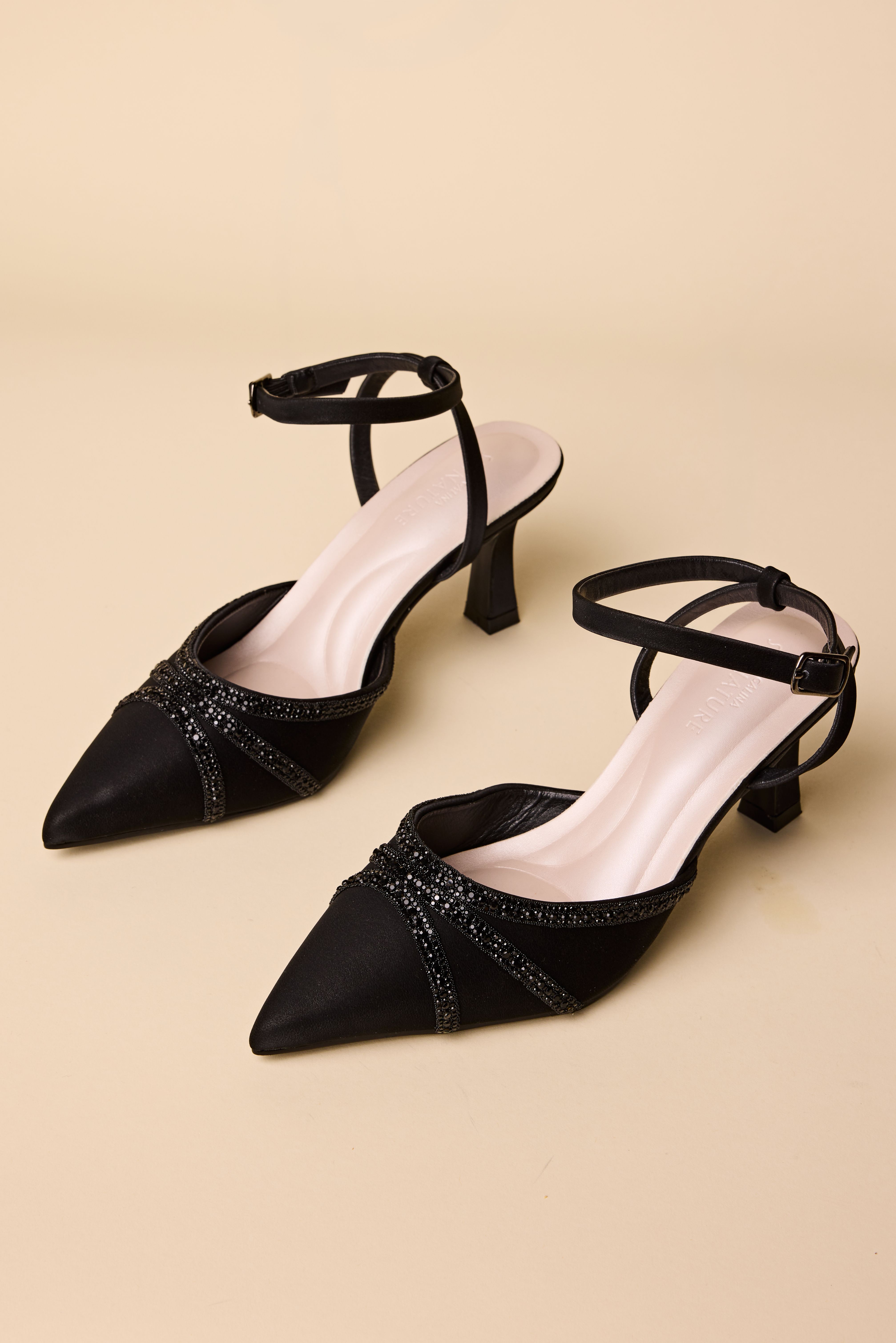 Galina Signature Satin Crystal Pointed Toe Stiletto Pumps in Black Size: 8.5 David's Bridal