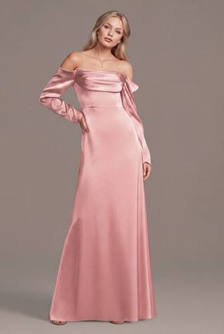 View Galina Signature Charmeuse Off-the-Shoulder Long-Sleeve Dress in all available color and sizes Picture of Charmeuse Off-the-Shoulder Long-Sleeve Dress