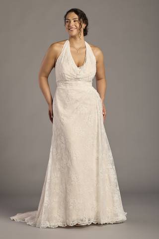 View Melissa Sweet Embroidered Lace Halter Cowl Sheath Wedding Dress in all available color and sizes Picture of Embroidered Lace Halter Cowl Sheath Wedding Dress