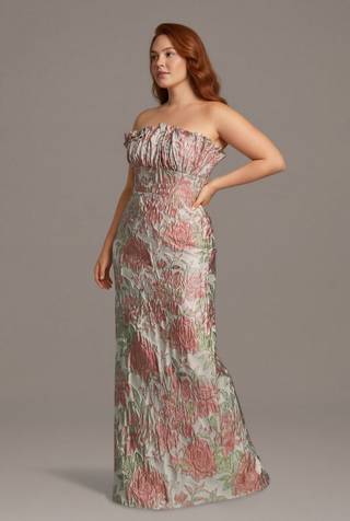 Picture of Strapless Brocade Sheath Dress with Ruched Bodice
