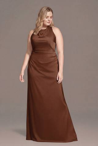 View DB Studio Matte Satin High Neck Low Back Sheath Dress in all available color and sizes Picture of Matte Satin High Neck Low Back Sheath Dress