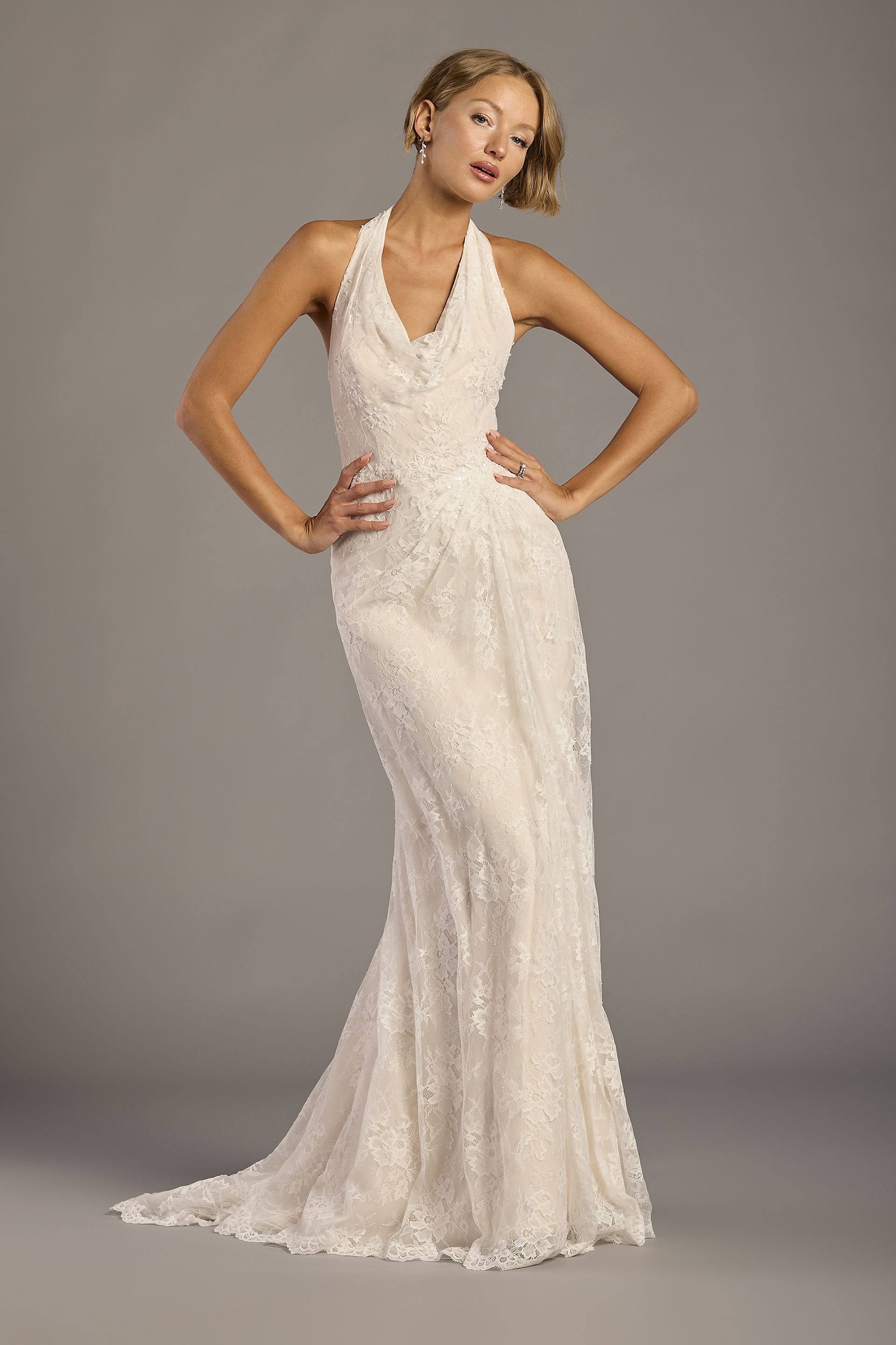 View Melissa Sweet Embroidered Lace Halter Cowl Sheath Wedding Dress in all available color and sizes Picture of Embroidered Lace Halter Cowl Sheath Wedding Dress