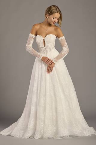 View Melissa Sweet Lace Ball Gown with Removable Long Sleeves in all available color and sizes Picture of Lace Ball Gown with Removable Long Sleeves