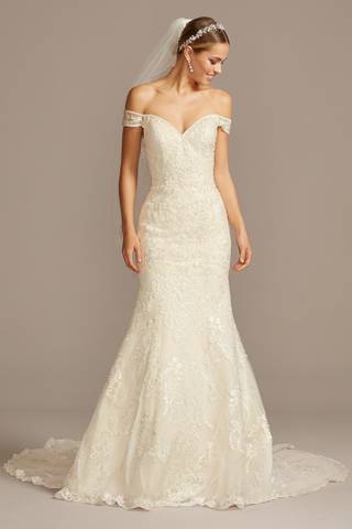 View Oleg Cassini Beaded Lace Off Shoulder Wedding Dress in all available color and sizes Picture of Beaded Lace Off Shoulder Wedding Dress