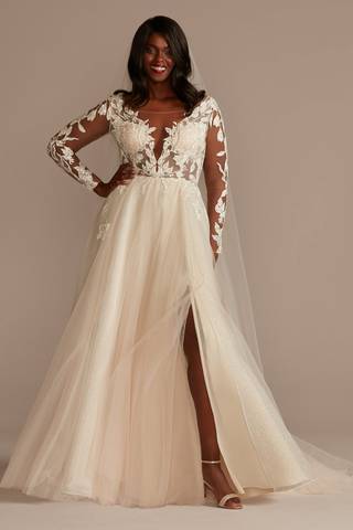 View Galina Signature Illusion Plunge Lace Appliqued Wedding Dress in all available color and sizes Picture of Illusion Plunge Lace Appliqued Wedding Dress