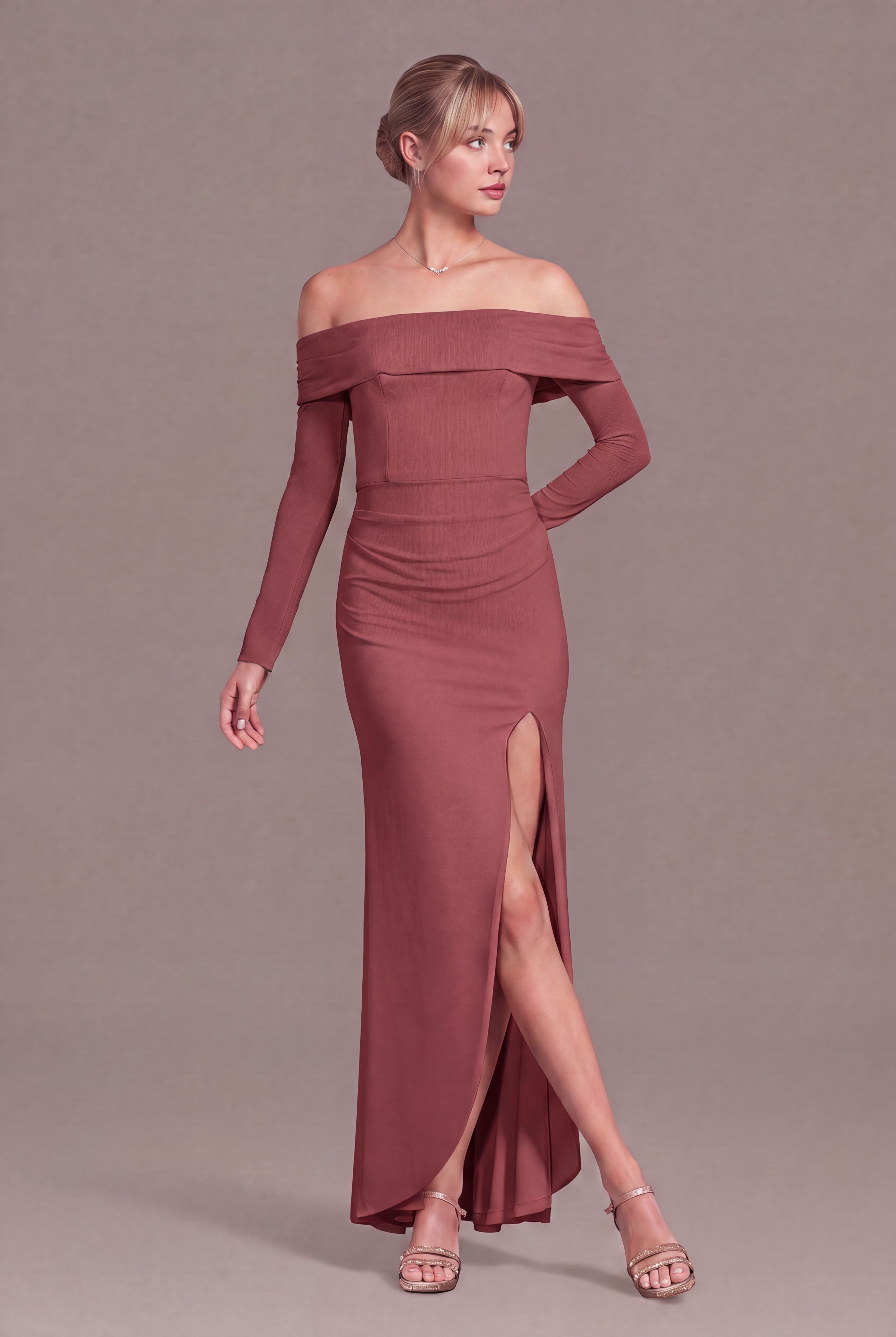 Celebrate DB Studio Long Sleeve Off The Shoulder Mesh Sheath Dress in Chianti Size: 3X David's Bridal