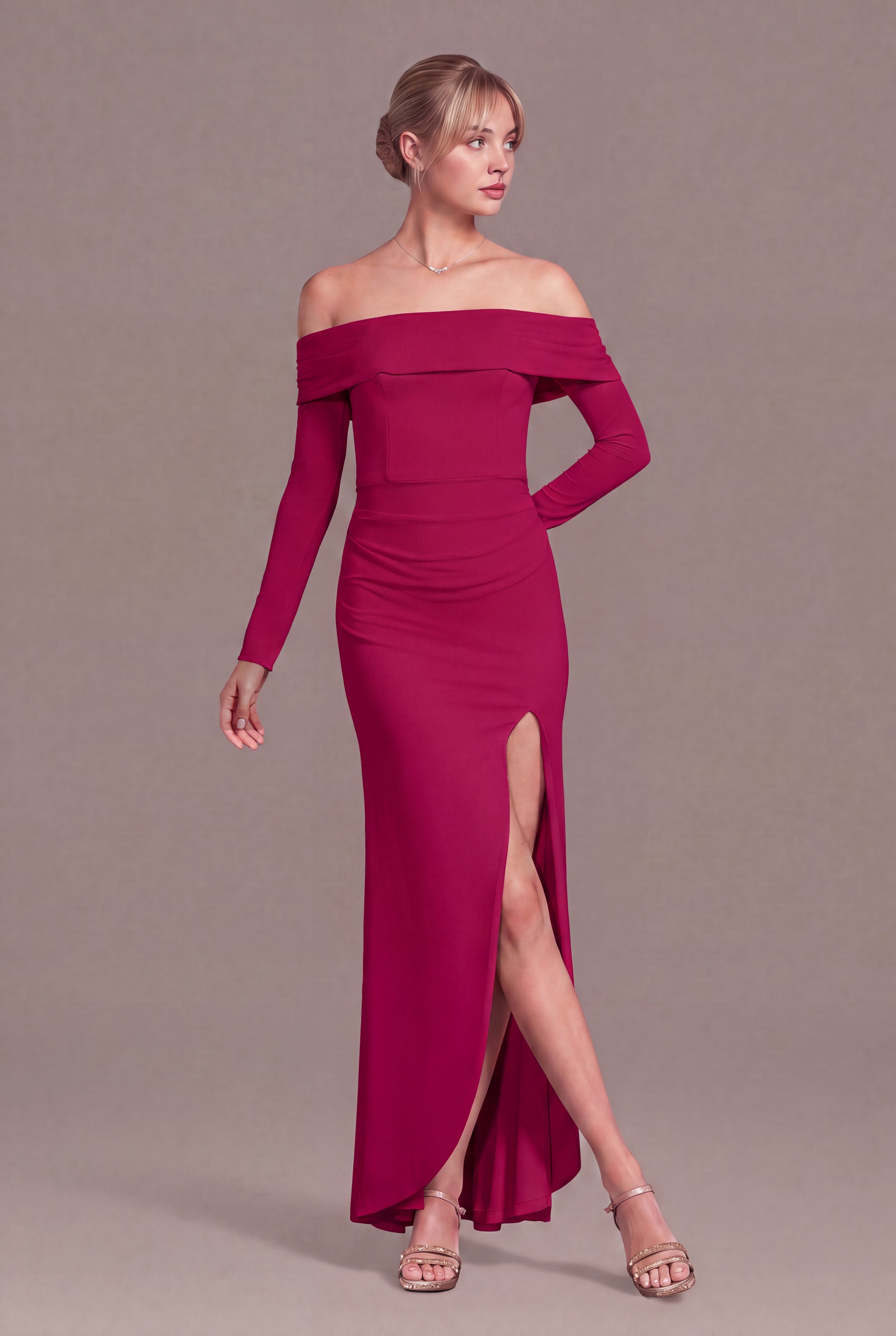 Celebrate DB Studio Long Sleeve Off The Shoulder Mesh Sheath Dress in Berry Size: 2X David's Bridal