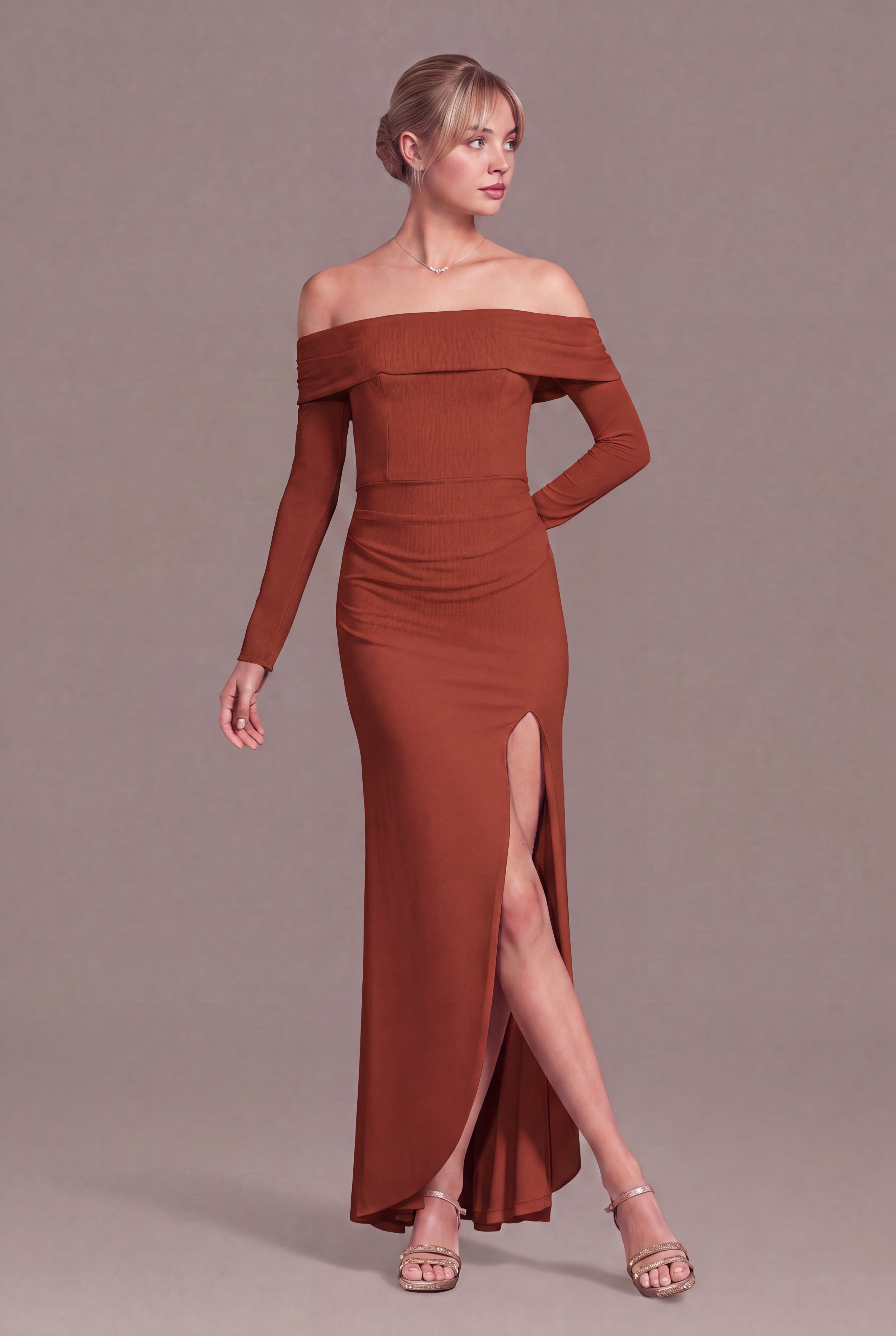 Celebrate DB Studio Long Sleeve Off The Shoulder Mesh Sheath Dress in Cinnamon Size: Medium David's Bridal