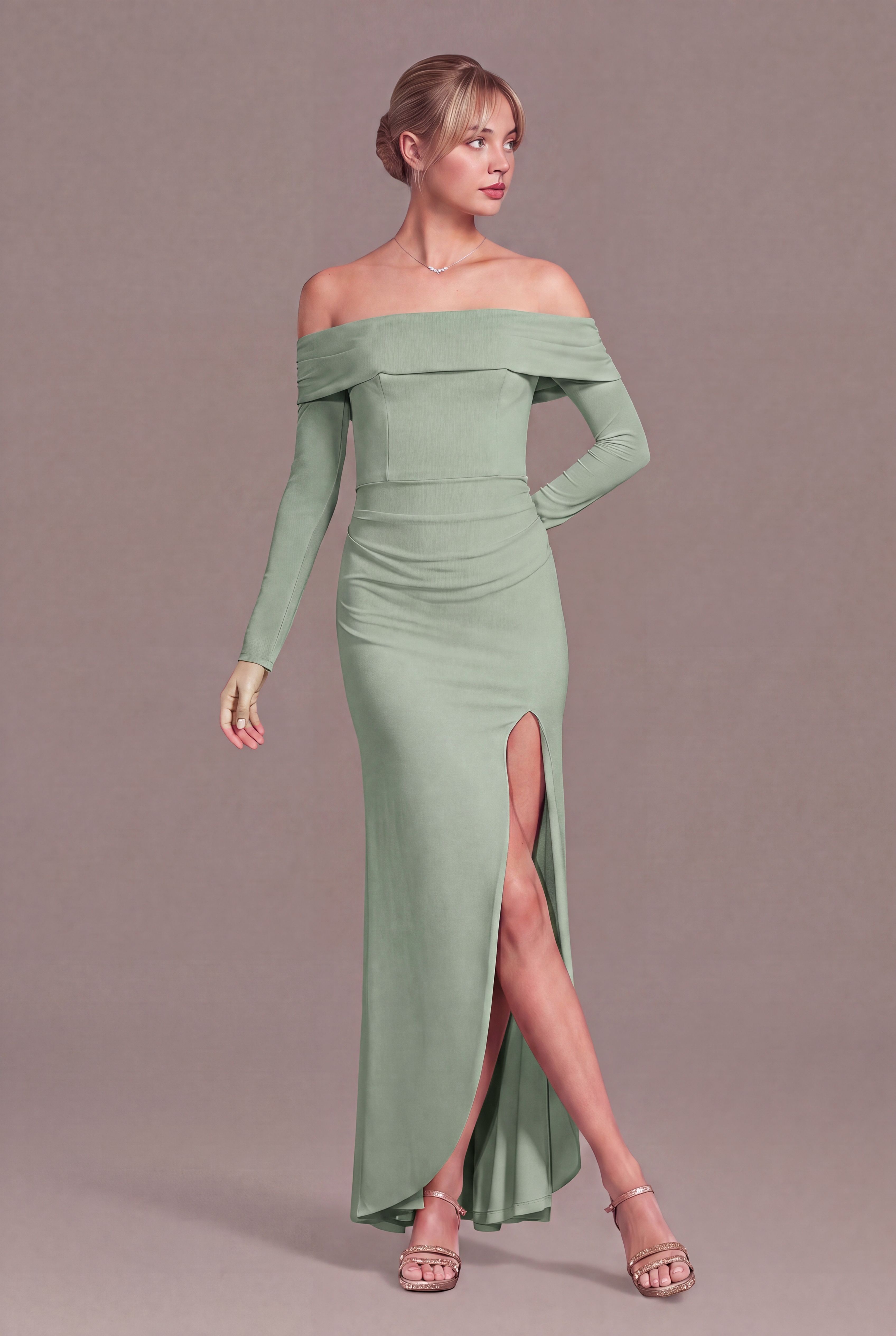 Celebrate DB Studio Long Sleeve Off The Shoulder Mesh Sheath Dress in Dusty Sage Size: 4X David's Bridal
