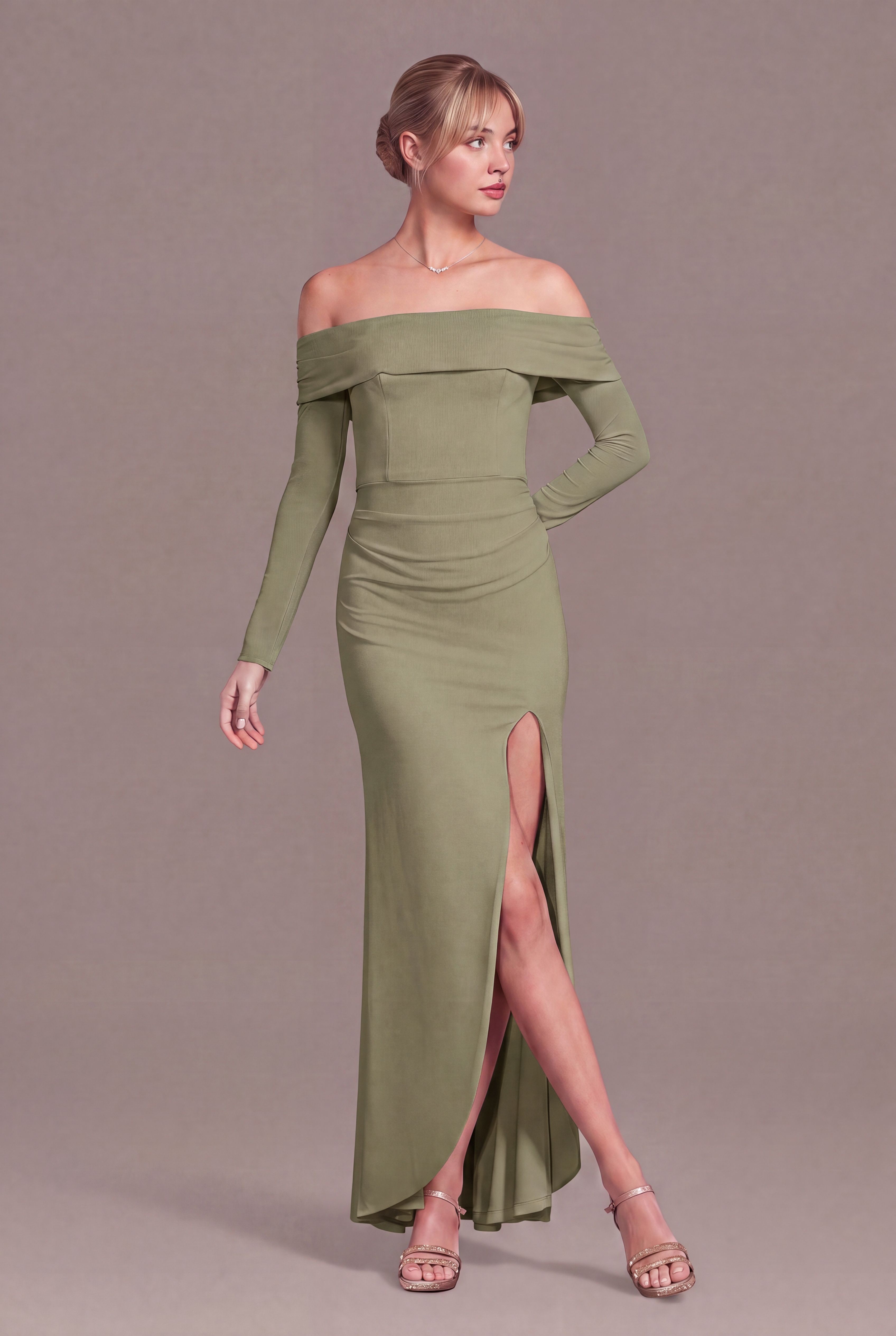 Celebrate DB Studio Long Sleeve Off The Shoulder Mesh Sheath Dress in Eucalyptus Size: Small David's Bridal