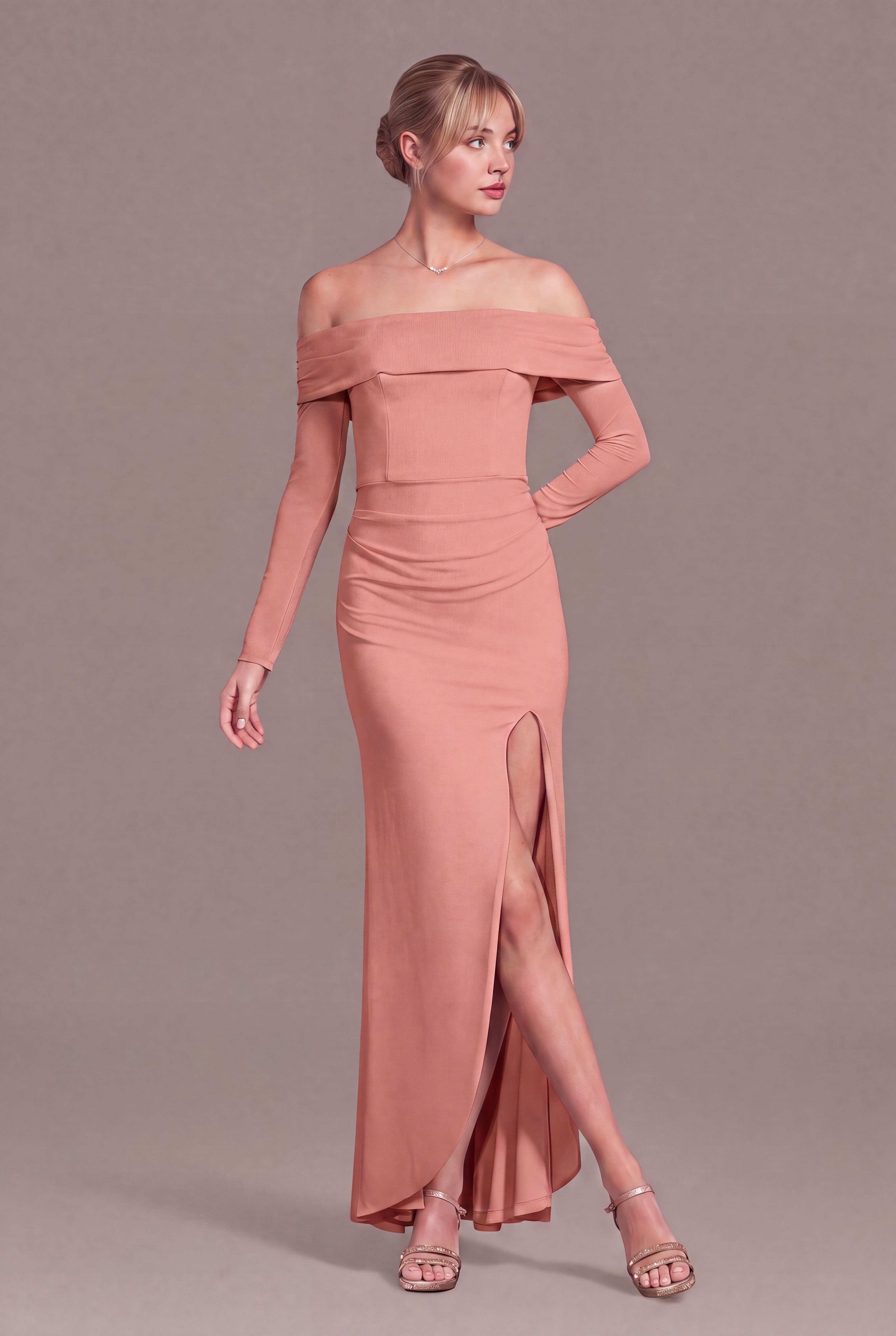 Celebrate DB Studio Long Sleeve Off The Shoulder Mesh Sheath Dress in Desert Coral Size: Small David's Bridal