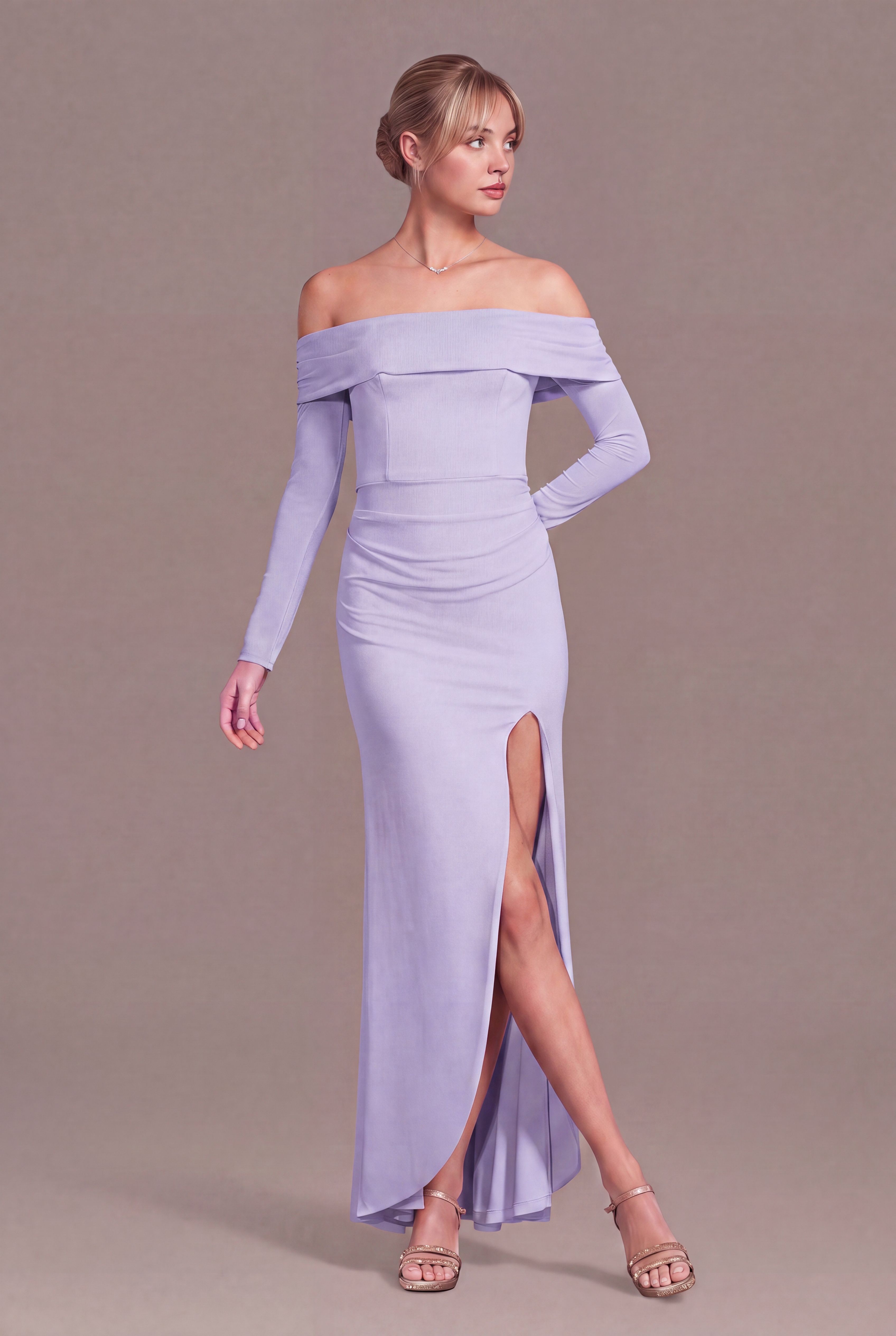 Celebrate DB Studio Long Sleeve Off The Shoulder Mesh Sheath Dress in Iris Size: 4X David's Bridal