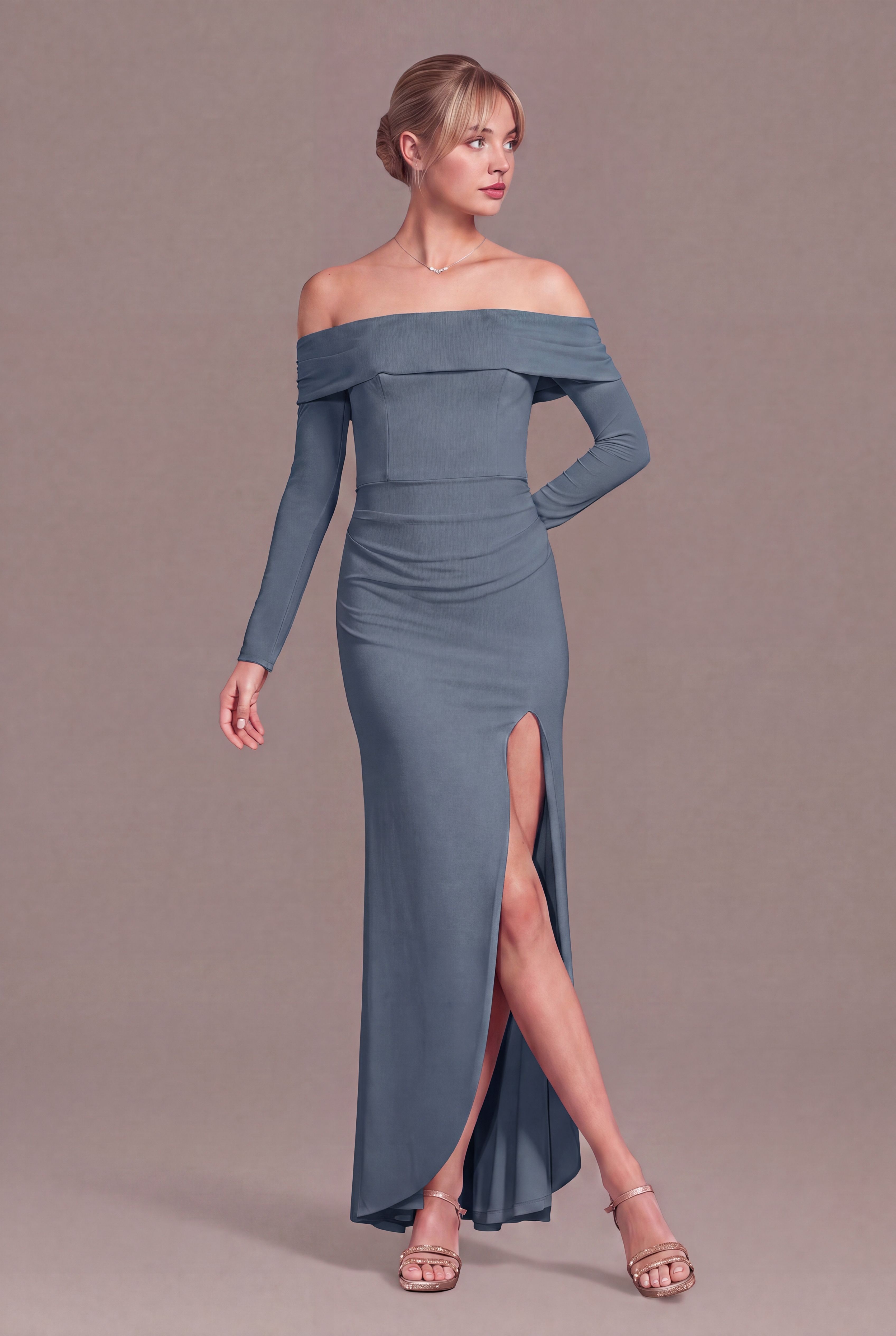 Celebrate DB Studio Long Sleeve Off The Shoulder Mesh Sheath Dress in Steel Blue Size: Medium David's Bridal