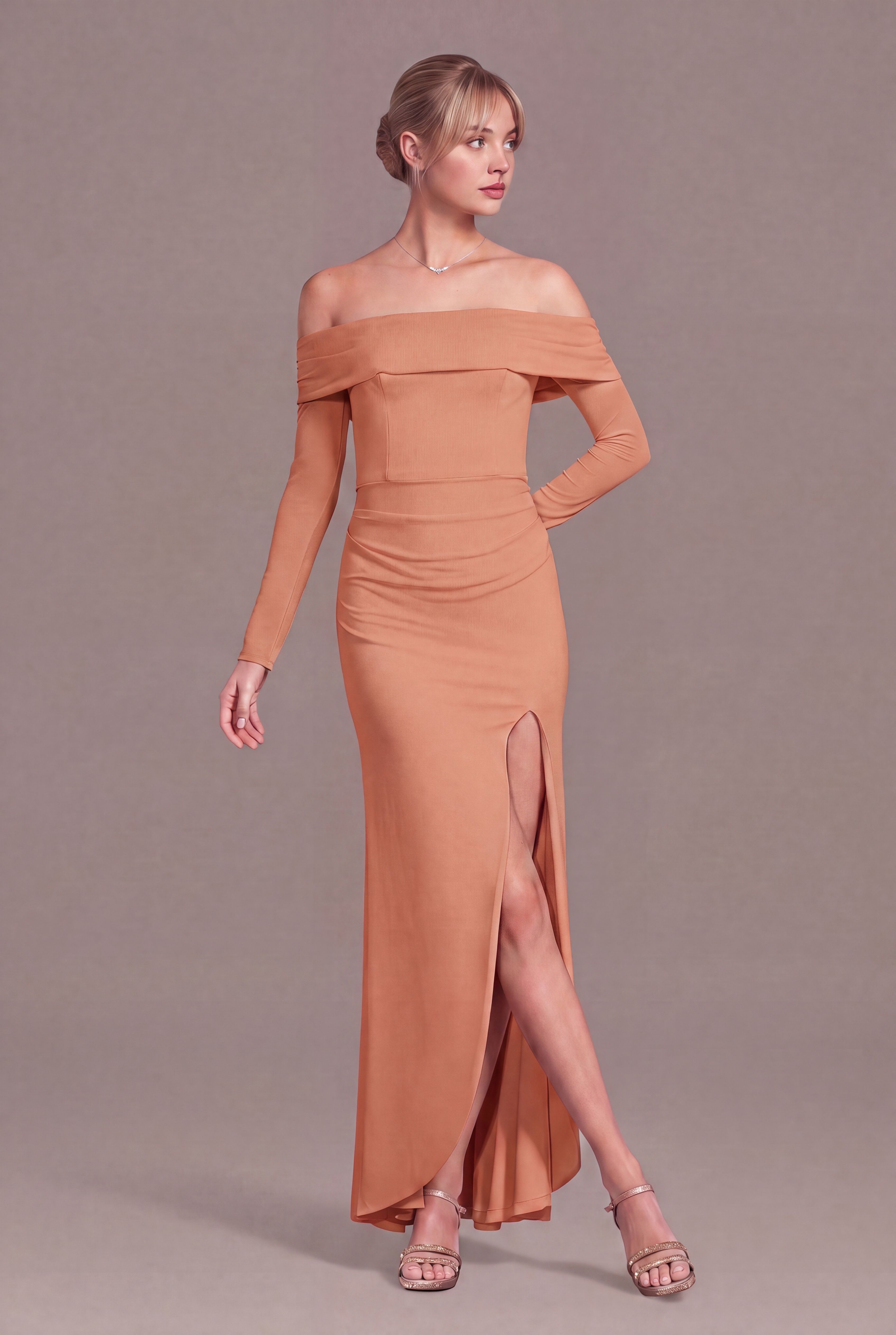 Celebrate DB Studio Long Sleeve Off The Shoulder Mesh Sheath Dress in Terracotta Size: 2X David's Bridal