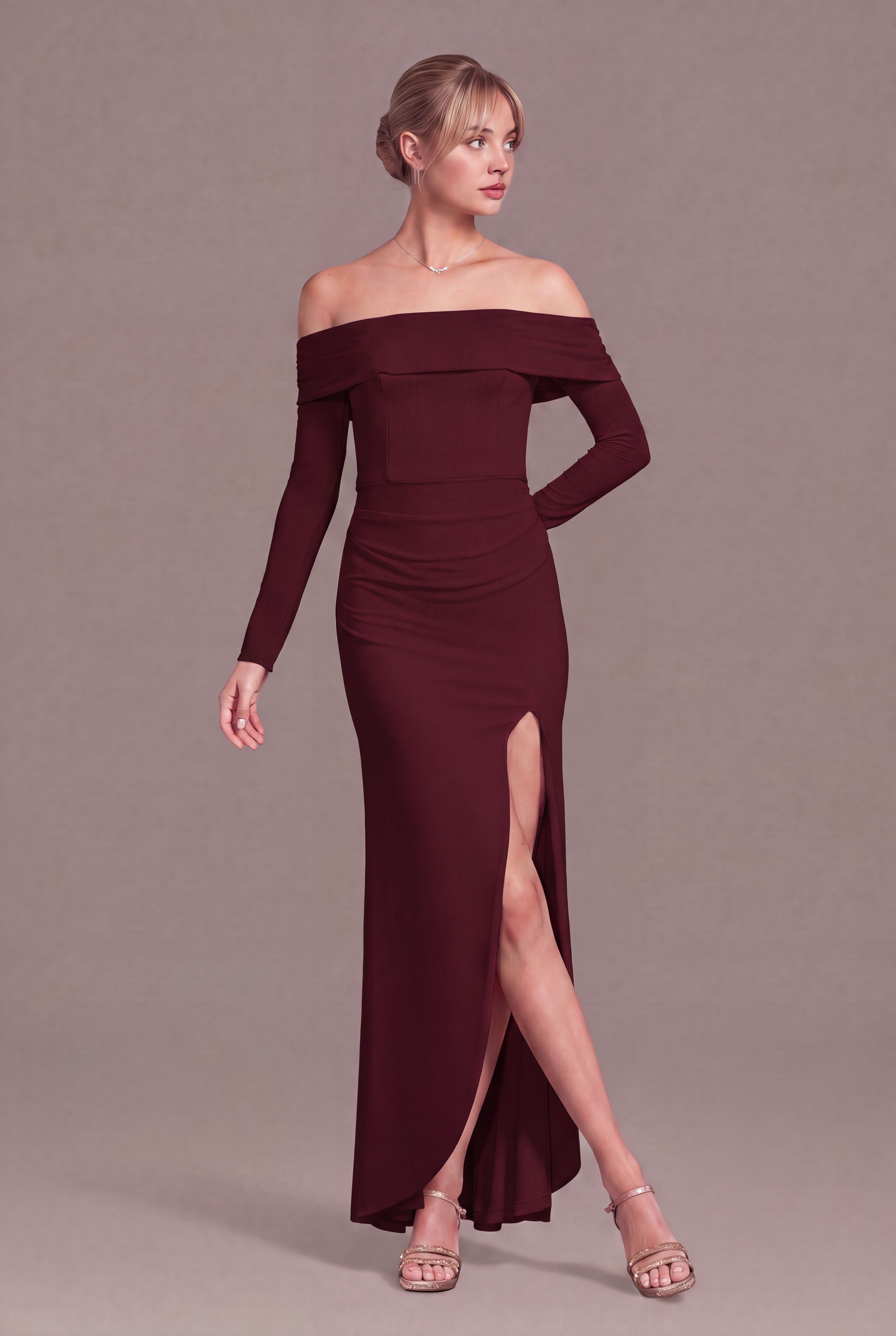 Celebrate DB Studio Long Sleeve Off The Shoulder Mesh Sheath Dress in Wine Size: 1X David's Bridal