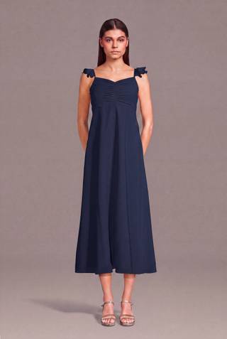 long denim dress with pockets Sleeveless Maxi Sleeve:Bias Band then eases your stride print- Ardsley Park Apple Company holiday party wear.