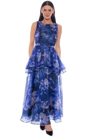 Picture of Allover Satin Print Organza Gown with Ruffle Skirt