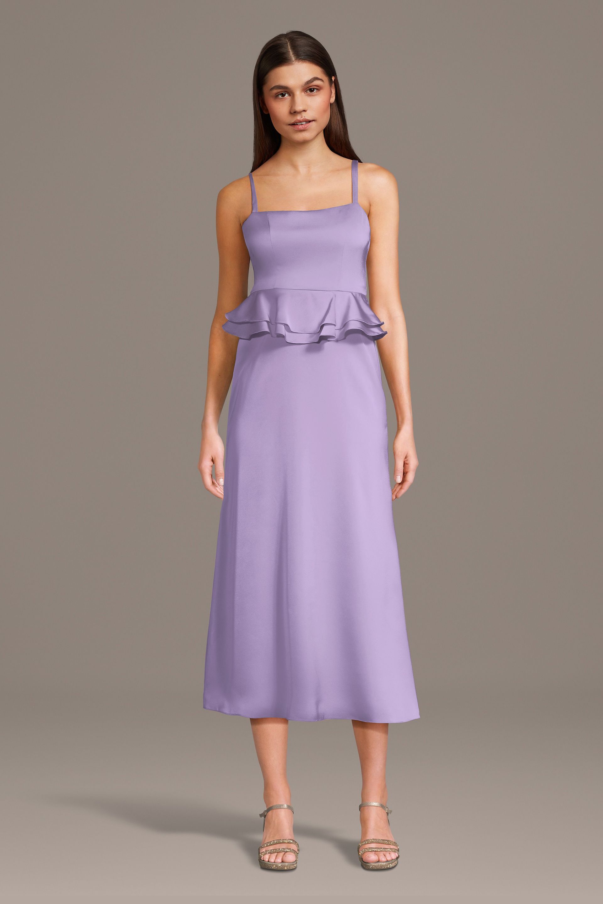 Celebrate DB Studio Matte Satin Peplum Tank Junior Slim A-Line Dress in Lavender Size: XL David's Bridal