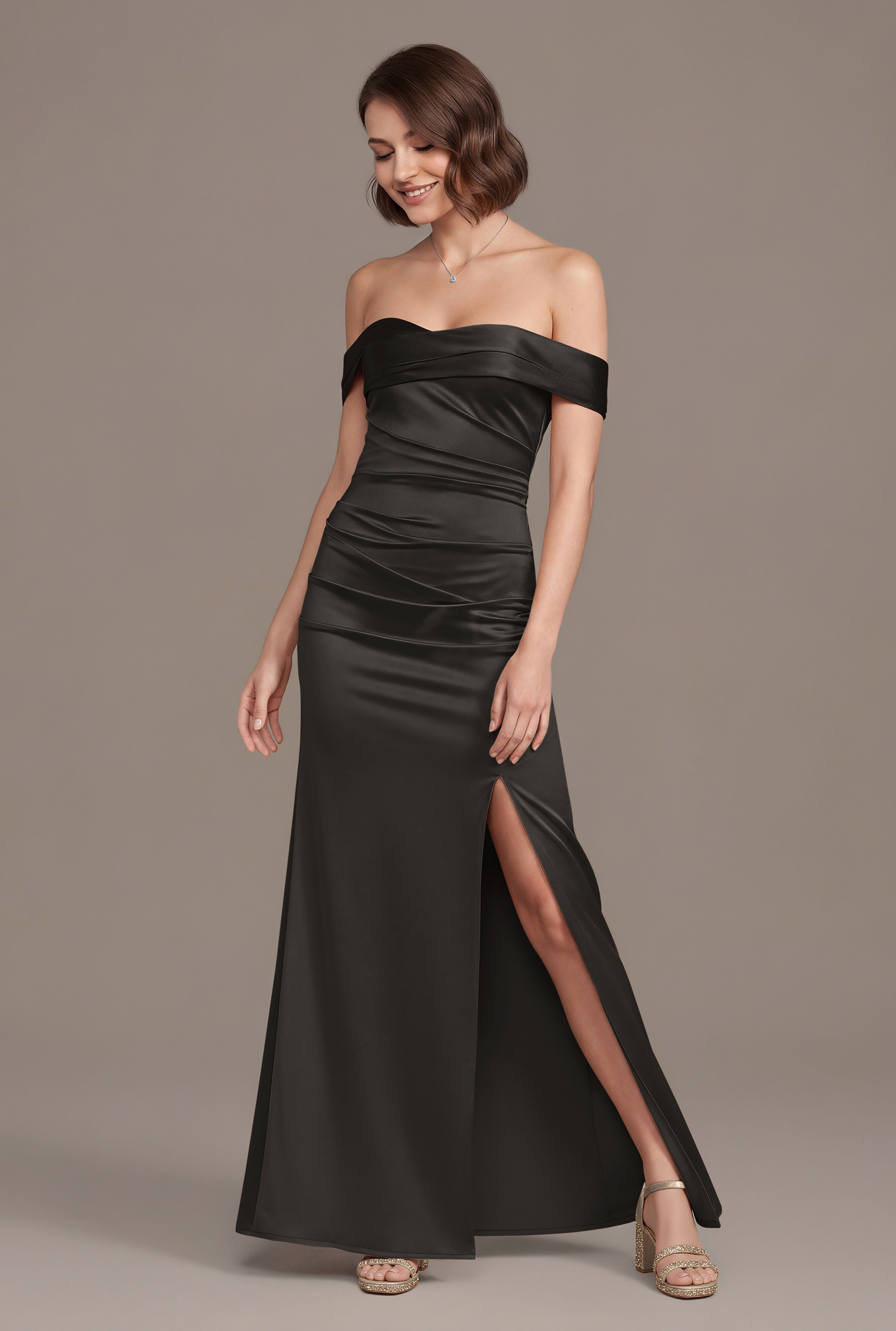 Galina Signature Sculpting Satin Off-The-Shoulder Mermaid Dress in Black Size: Medium David's Bridal
