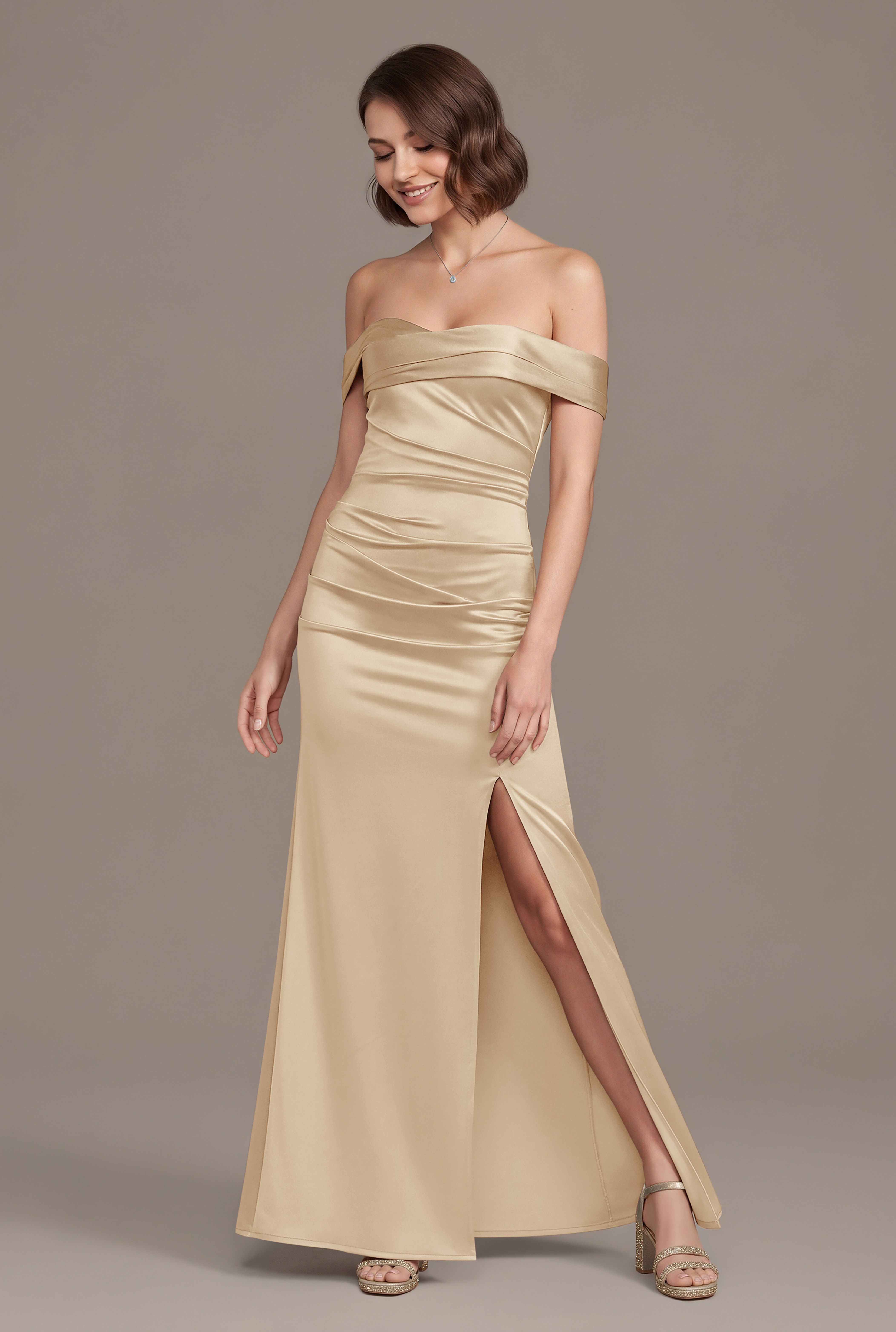 Galina Signature Sculpting Satin Off-The-Shoulder Mermaid Dress in Champagne Size: 4X David's Bridal