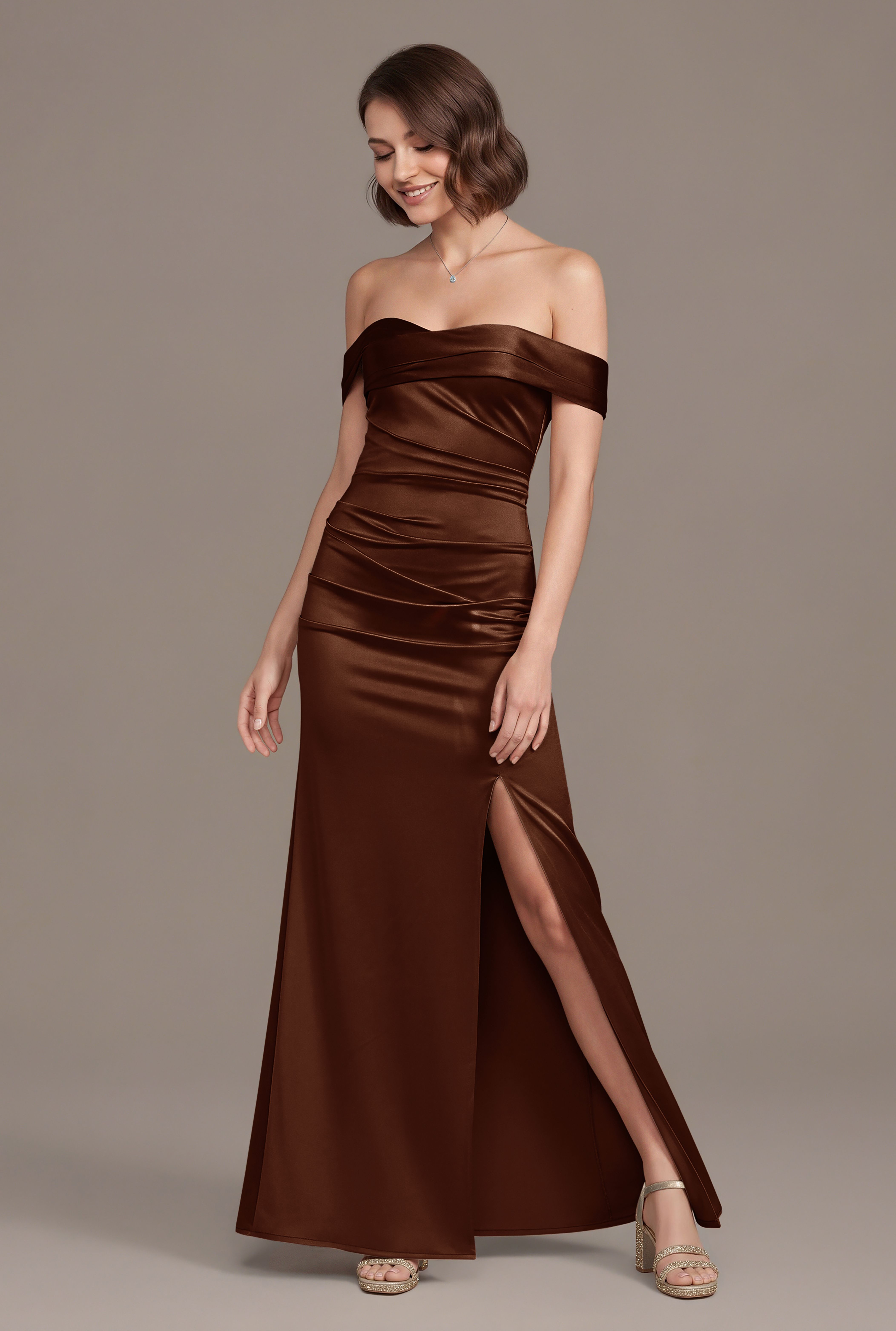 Galina Signature Sculpting Satin Off-The-Shoulder Mermaid Dress in Chocolate Size: 2X David's Bridal