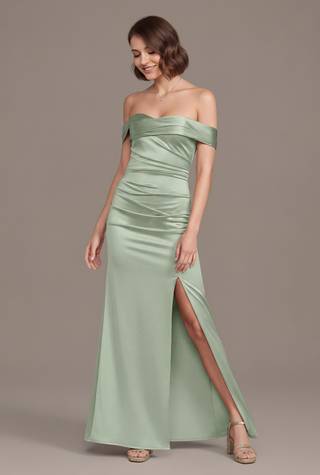 View Galina Signature Sculpting Satin Off-the-Shoulder Mermaid Dress in all available color and sizes Picture of Sculpting Satin Off-the-Shoulder Mermaid Dress